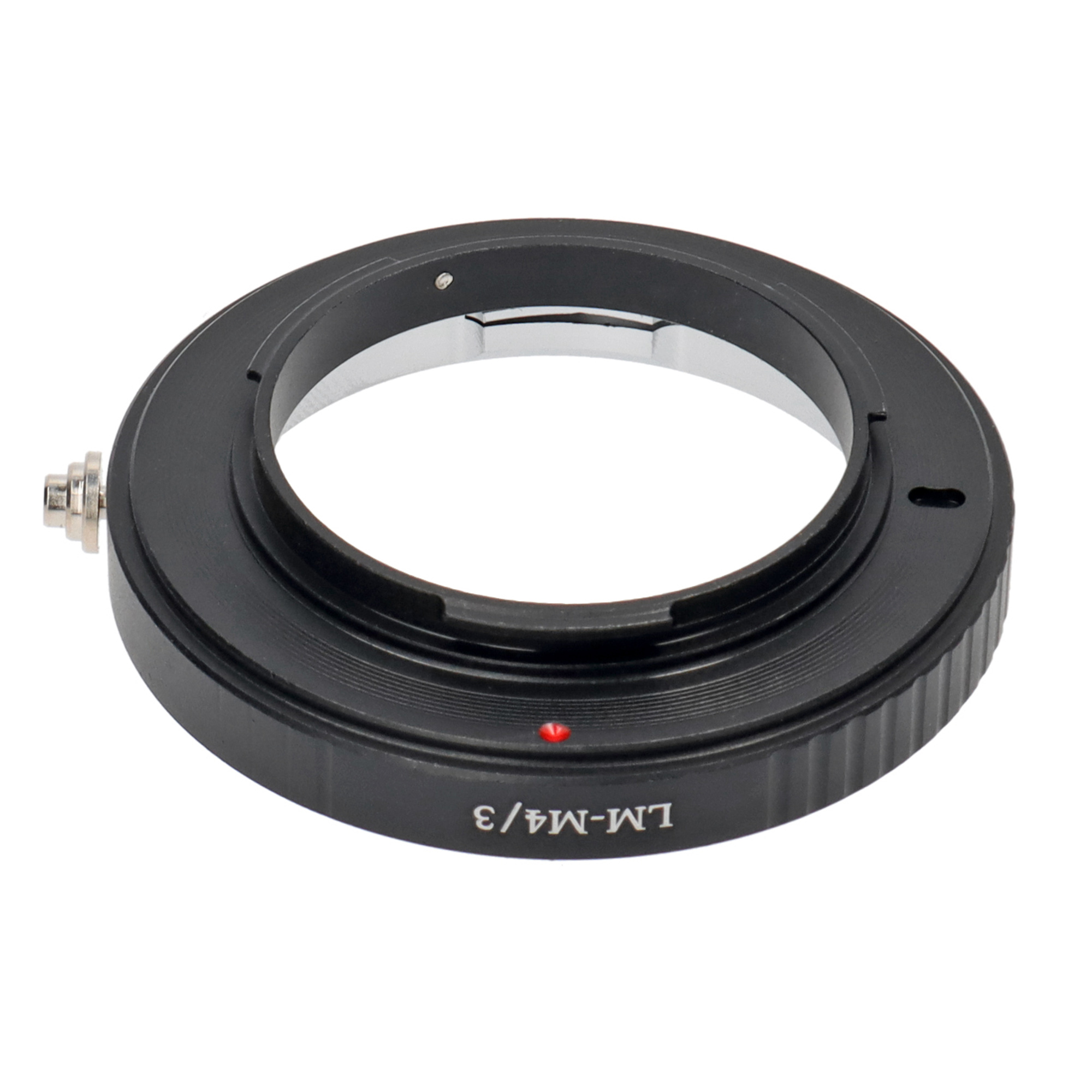 Schwarzer Objektivadapter mit rotem Punkt, beschriftet LM-M4/3.