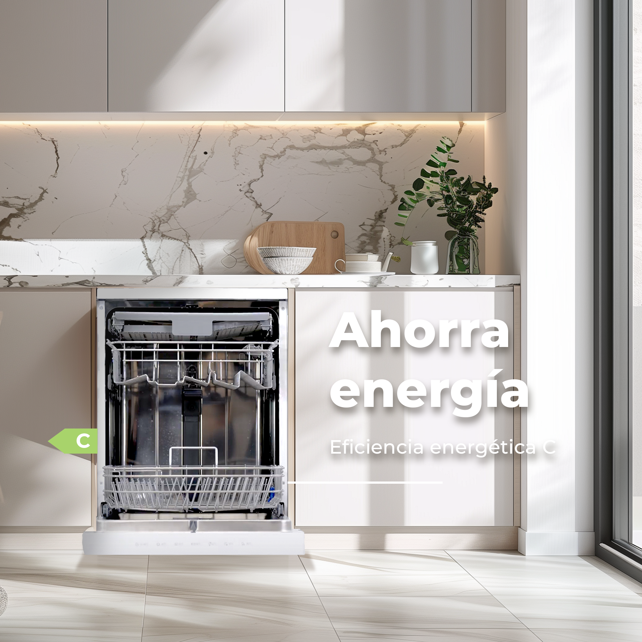 Zmywarka z efektywnością energetyczną C. Tło kuchni. Tekst 'Oszczędzaj energię'.