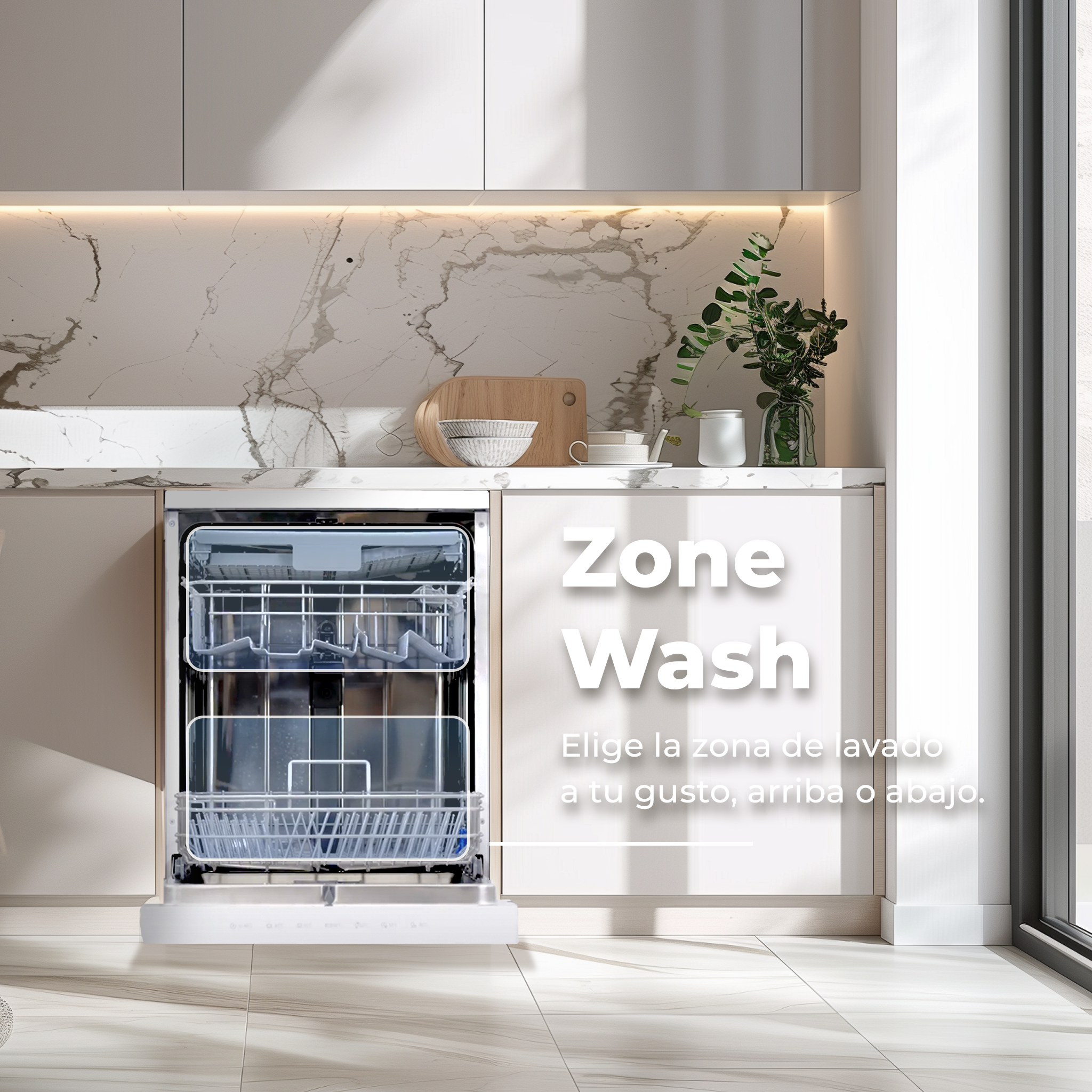 Zmywarka z otwartymi drzwiami. Nakładka tekstowa: 'Zone Wash'. Nowoczesne otoczenie kuchni.