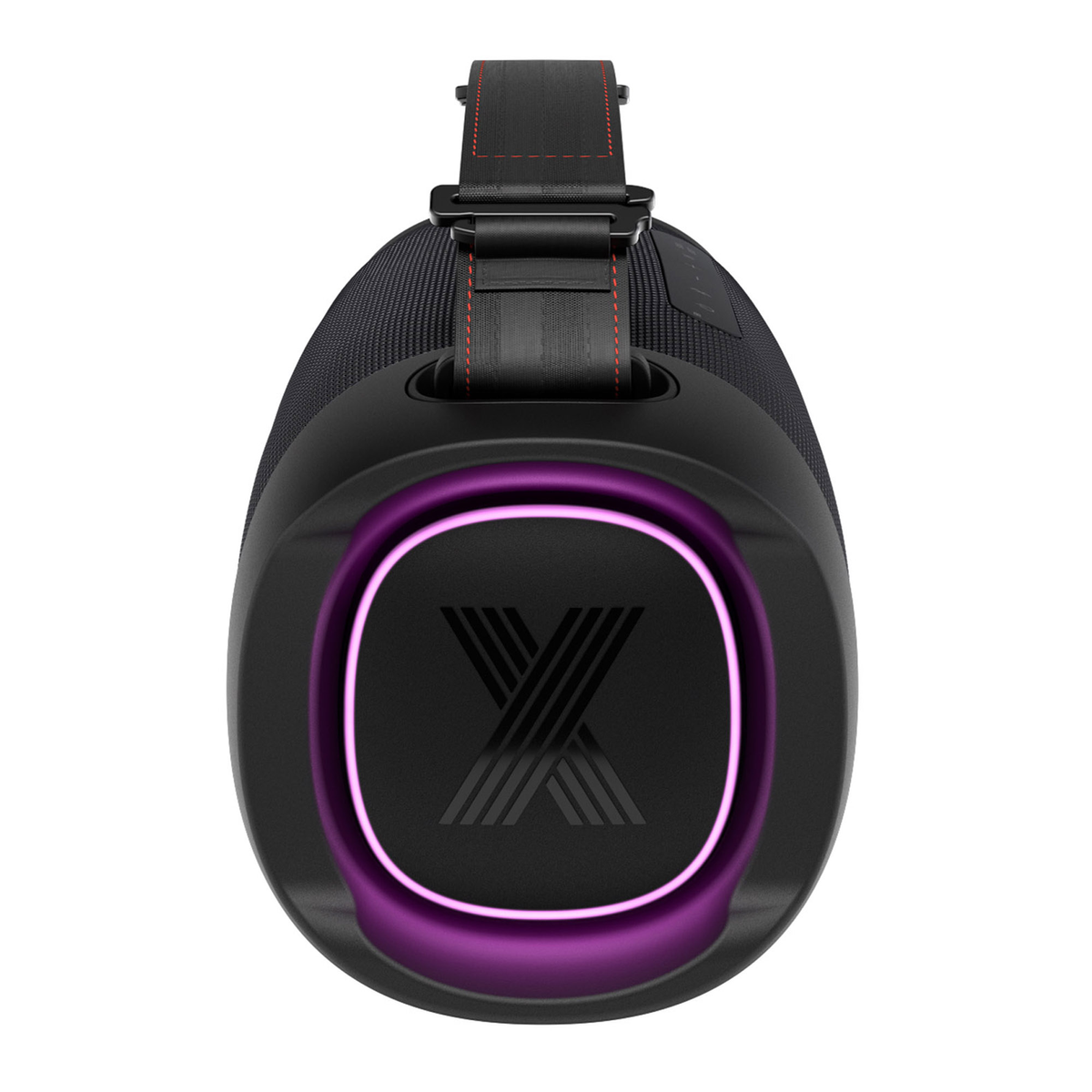 Czarny głośnik z fioletowym podświetlanym pierścieniem wokół logo i paskiem.