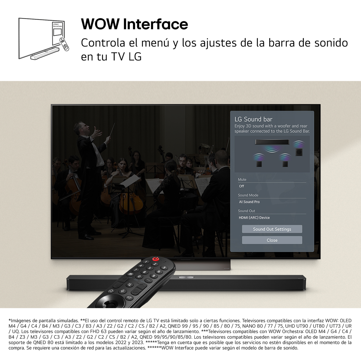 Ekran telewizora wyświetla scenę koncertu. Pod ekranem znajduje się soundbar. Z przodu leży pilot.