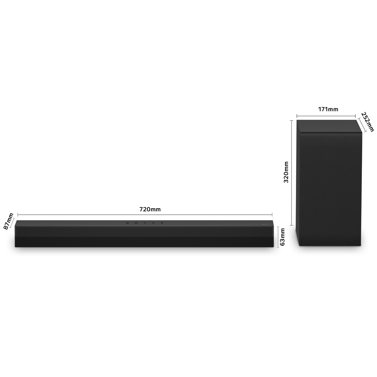 Czarny soundbar i subwoofer z wymiarami na białym tle.