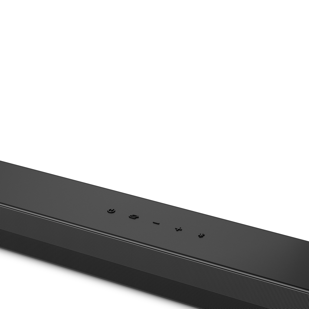 Czarny soundbar z przyciskami, pod kątem i na białym tle. Siatka z przodu.