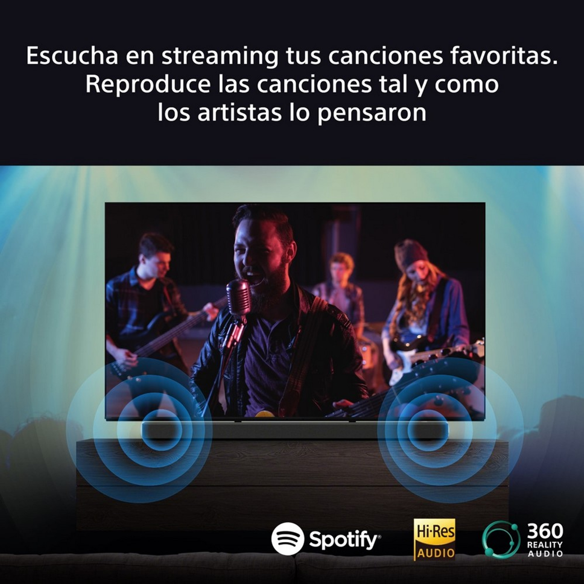 Ein Fernseher zeigt eine Band auf der Bühne. Text wirbt für Streaming und High-Res-Audio.