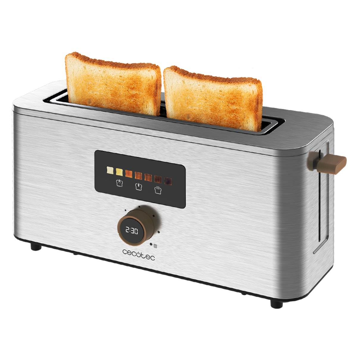 Tostapane con due fette di toast, pannello di controllo e manico marrone.