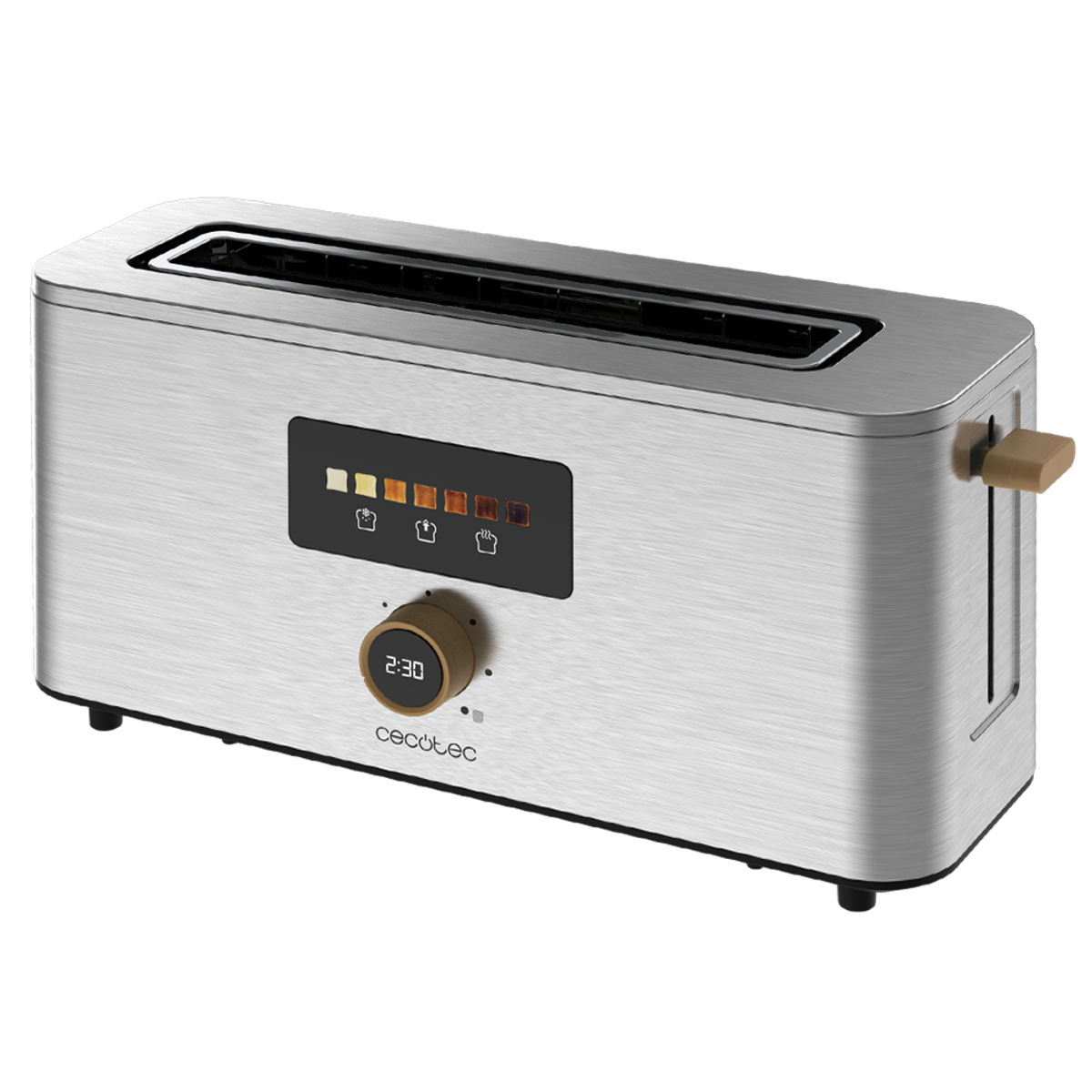 Tostapane argentato con timer e pulsanti. Manico beige. Sfondo scuro.