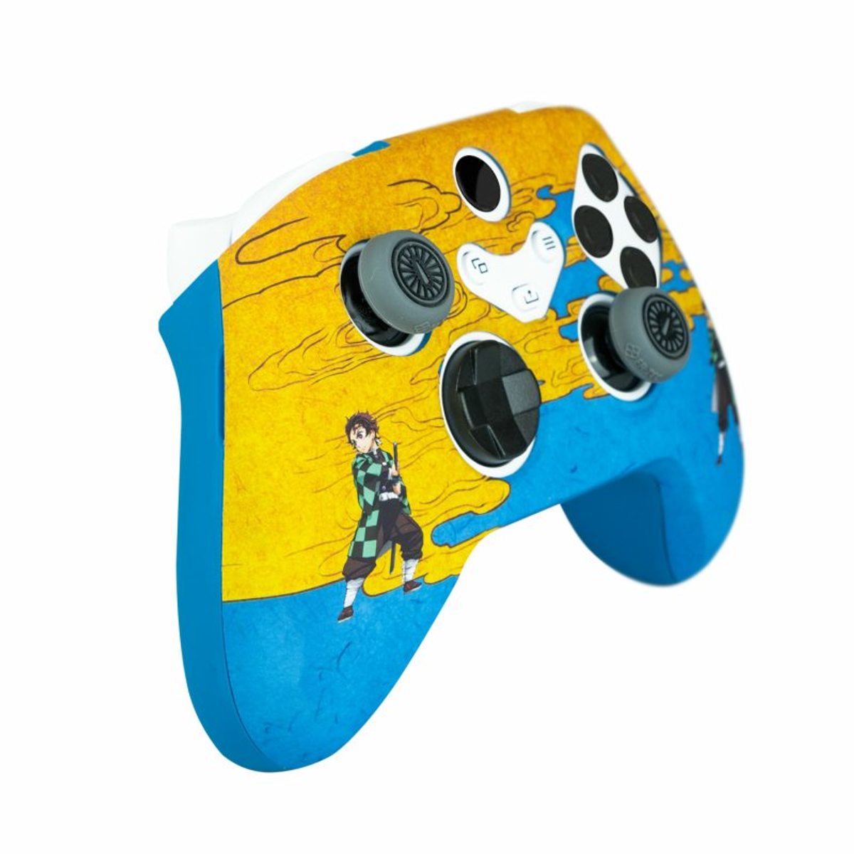 Un controlador de videojuegos de diseño personalizado, con un diseño amarillo y azul con un gráfico de personajes.