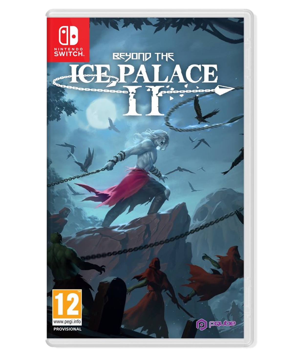 Okładka gry: Wojownik z łańcuchem stoi na skale. Ciemne postacie w tle.