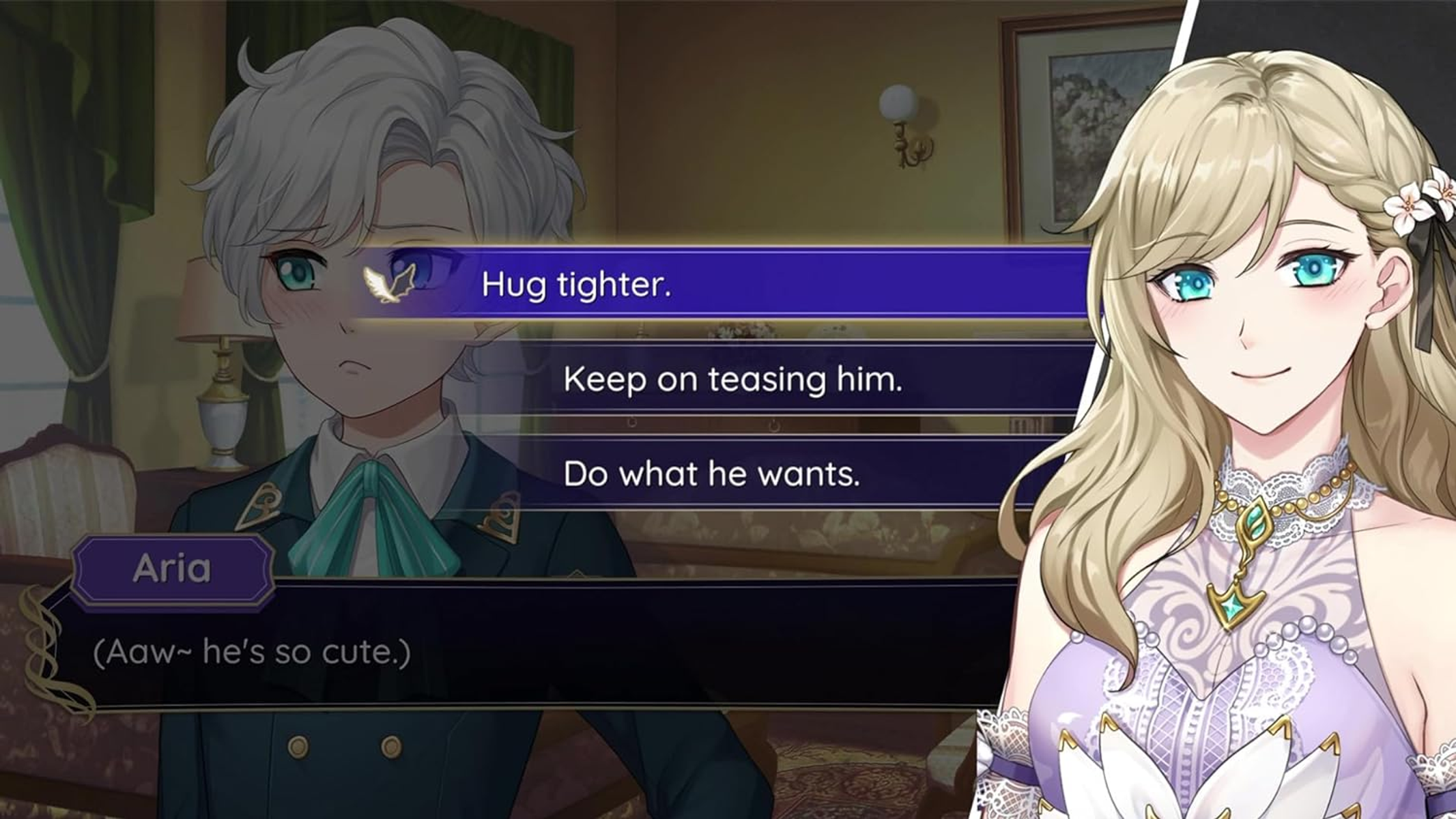 Scena in stile anime con due personaggi e opzioni di dialogo sullo schermo. Sfondo: una stanza.