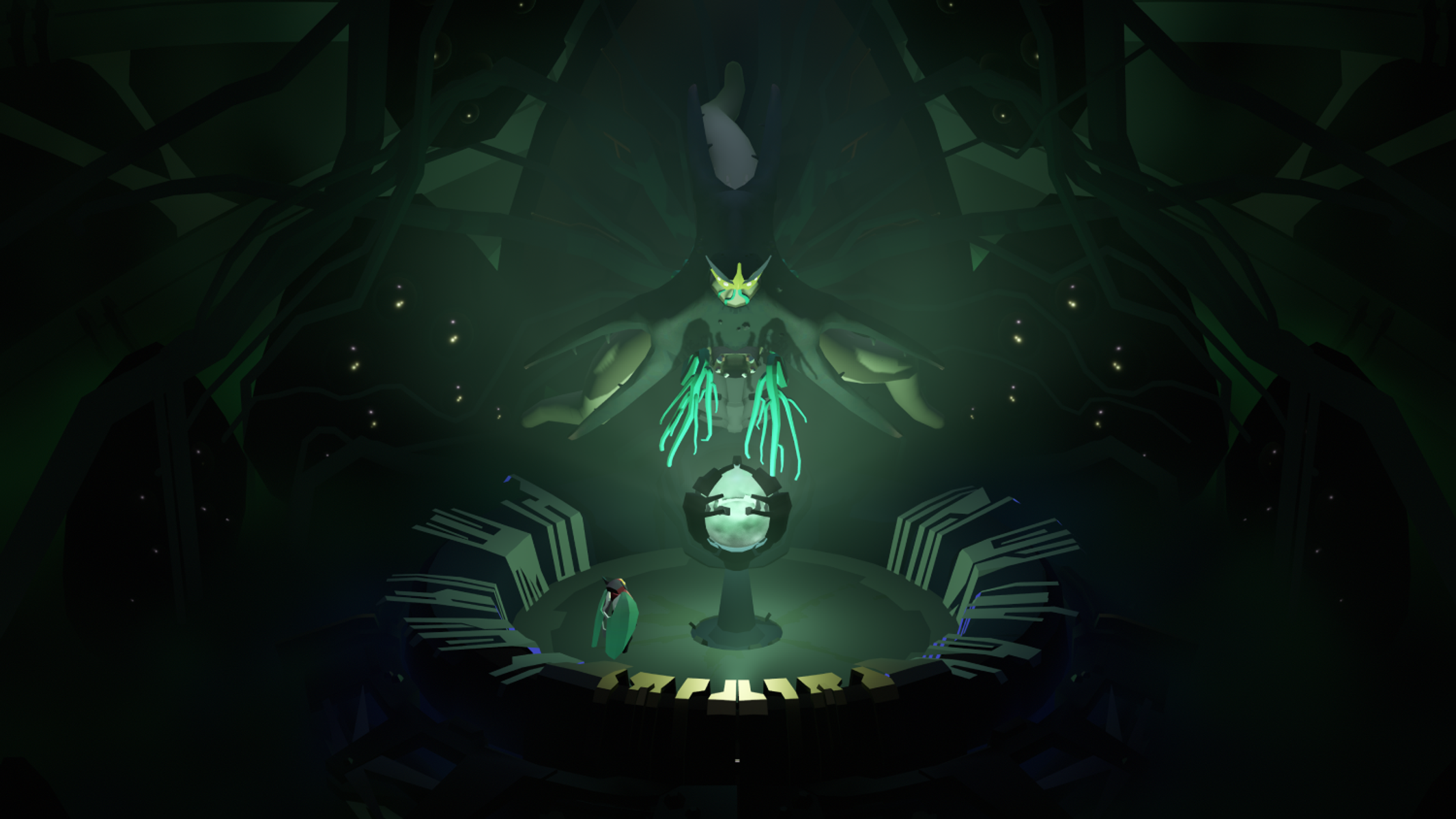 Interior de un entorno oscuro, alienígena, con figuras.