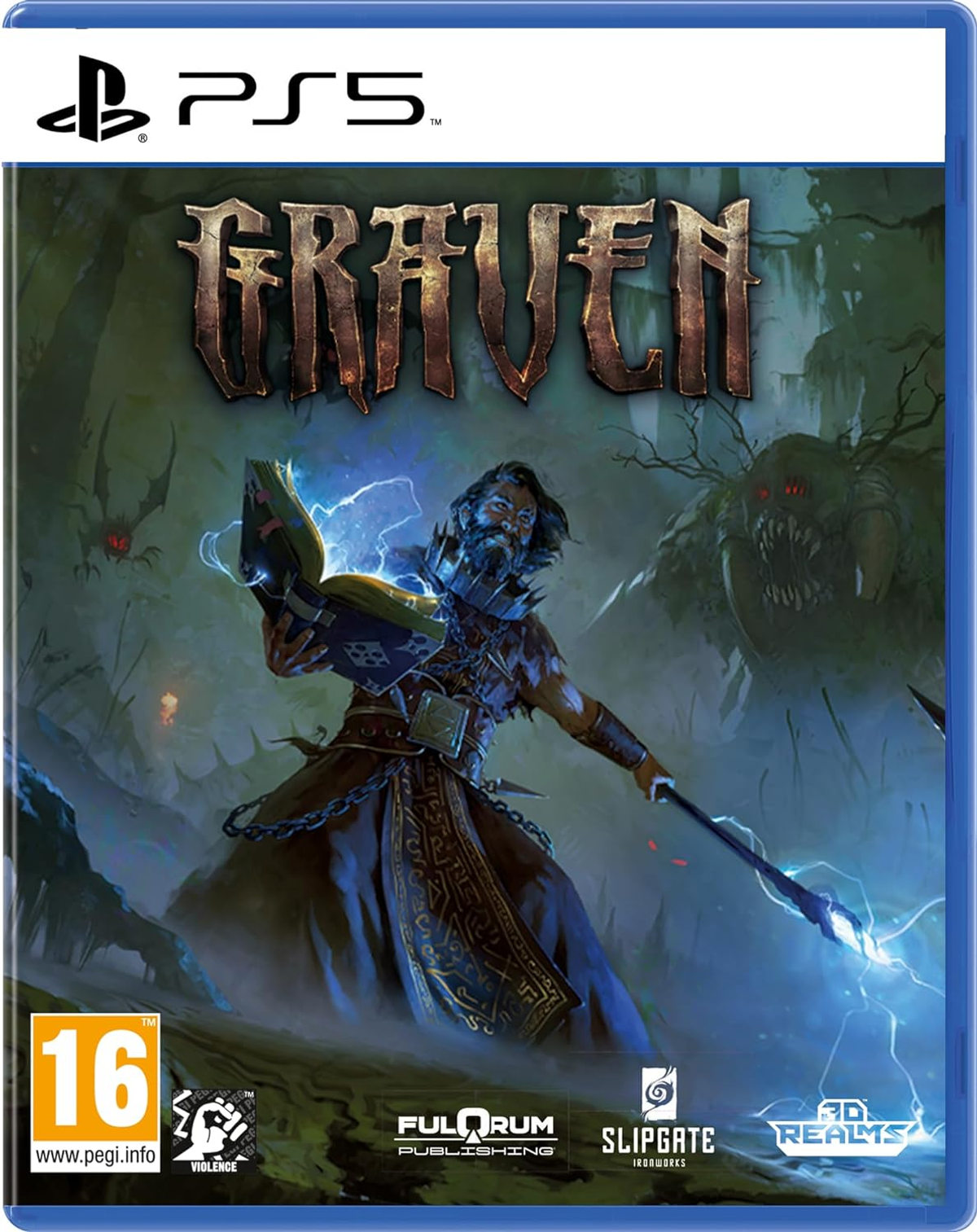 Una caja de juego de PS5 para 'GRAVEN', con un hombre barbudo con un bastón y un monstruo en un bosque.