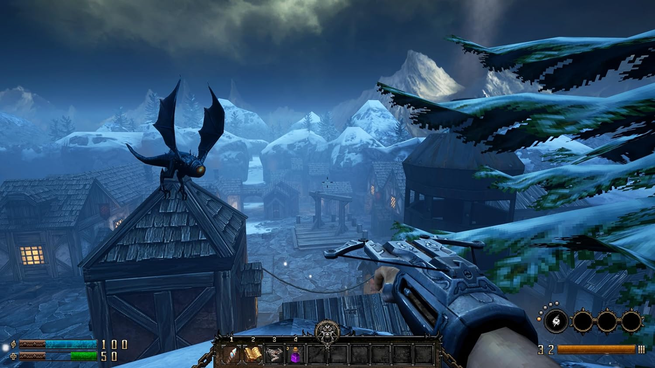 Vista en primera persona de una escena de juego con un dragón en un edificio. Cubierto de nieve.