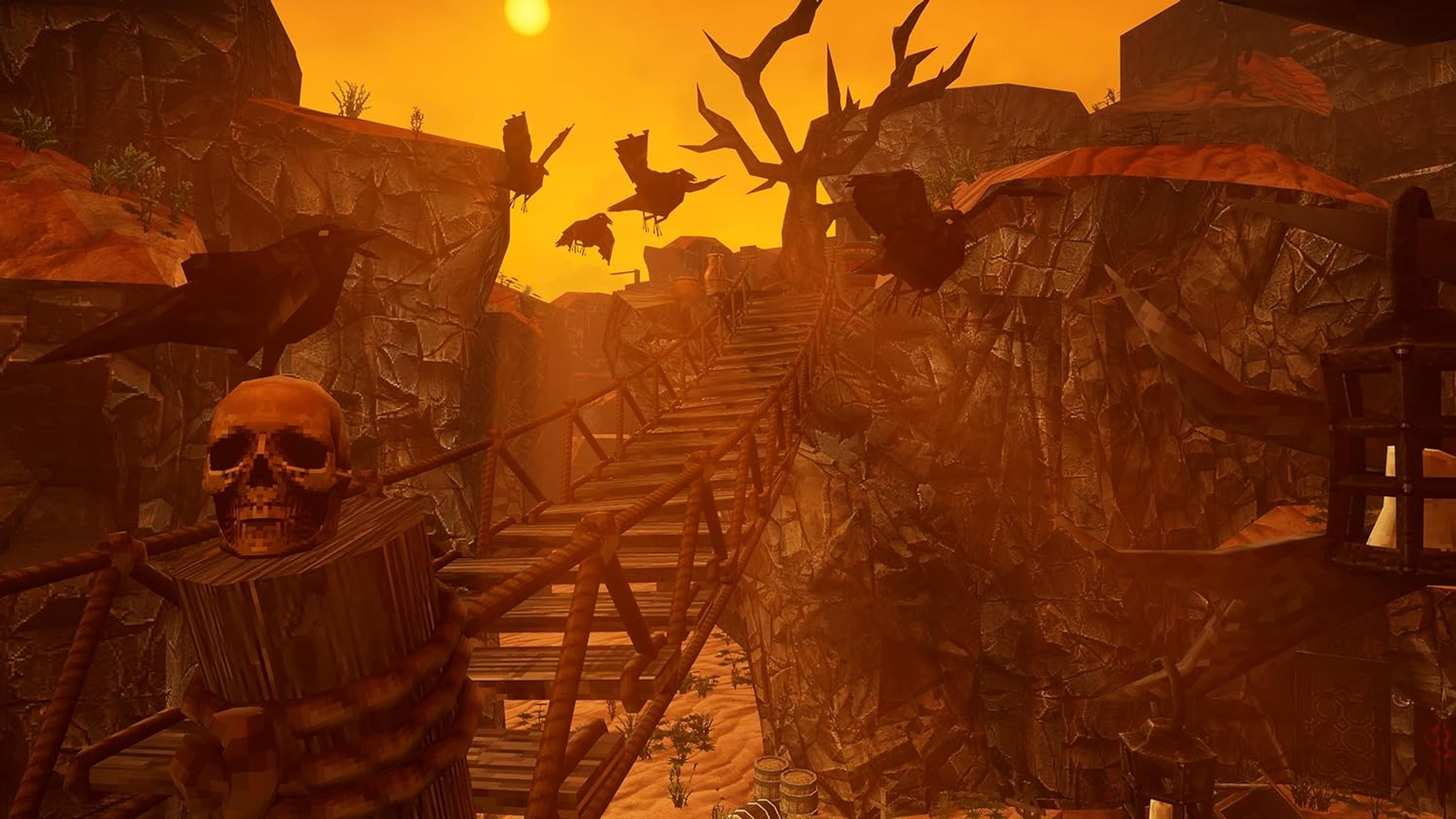 Escena de videojuego: puente sobre cañón con cuervos volando. Puesta de sol al fondo.