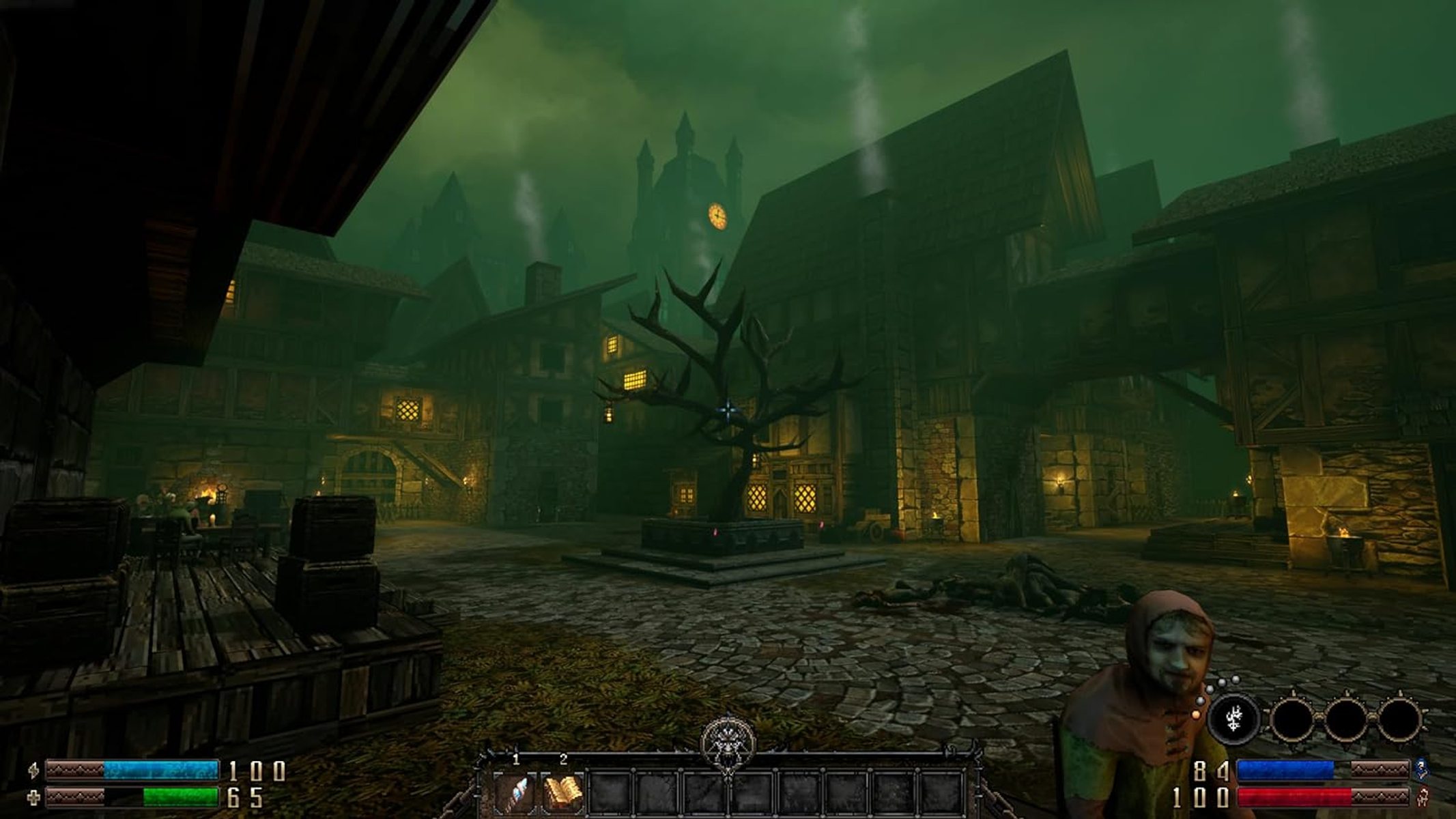 Captura de pantalla de videojuego. Ciudad medieval de noche. Edificios, cielo y figura en primer plano.