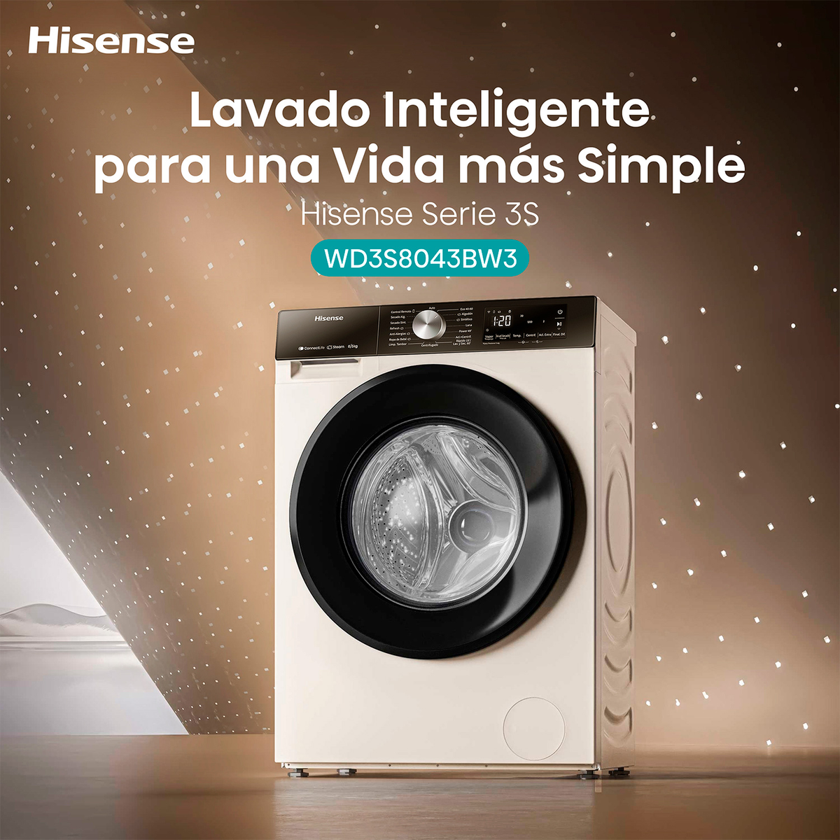 Lavatrice Hisense, bianca. Testo: Lavado Inteligente para una Vida más Simple.