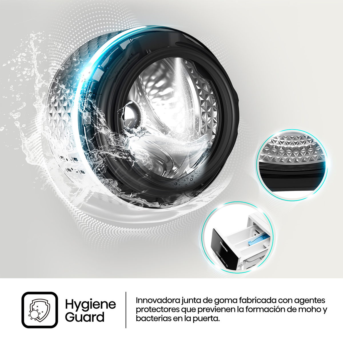 Lavatrice con effetto spruzzo d'acqua. Caratteristiche visibili. Testo: Hygiene Guard.