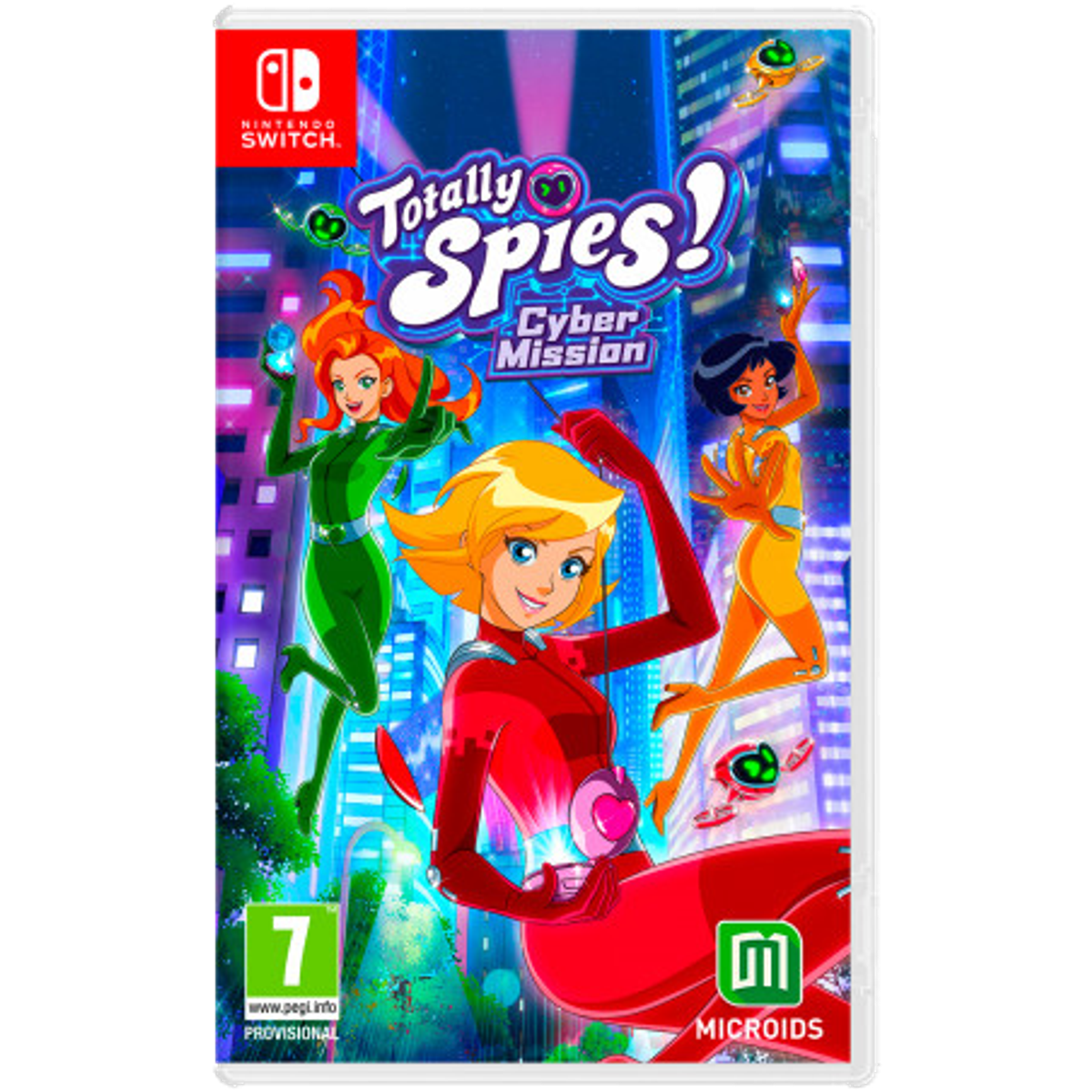Pudełko z grą na Nintendo Switch, 'Totally Spies! Cyber Mission'. Zawiera trzy postacie z kreskówek.