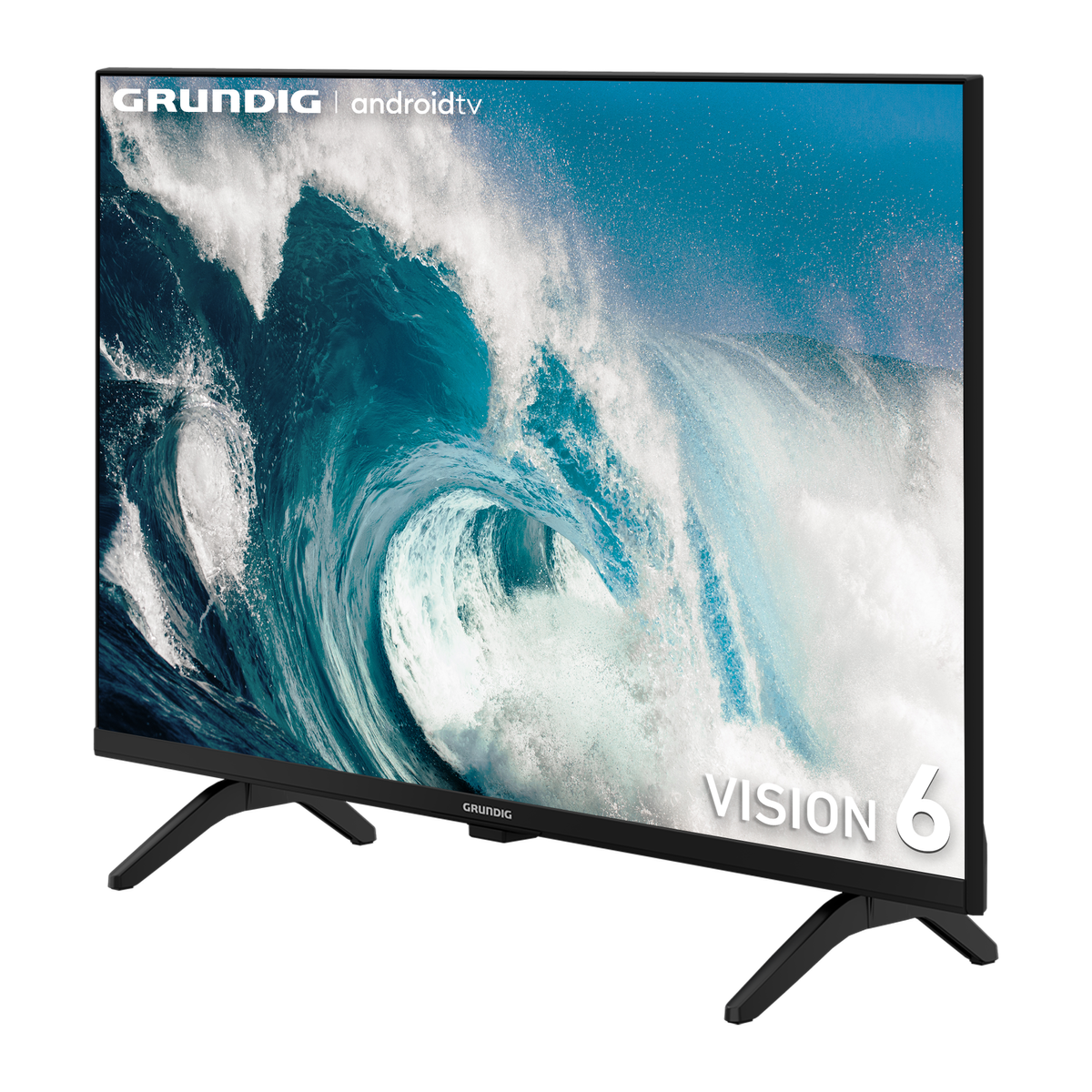 Un televisor Grundig grande con una imagen de ola en la pantalla, sobre un fondo negro.