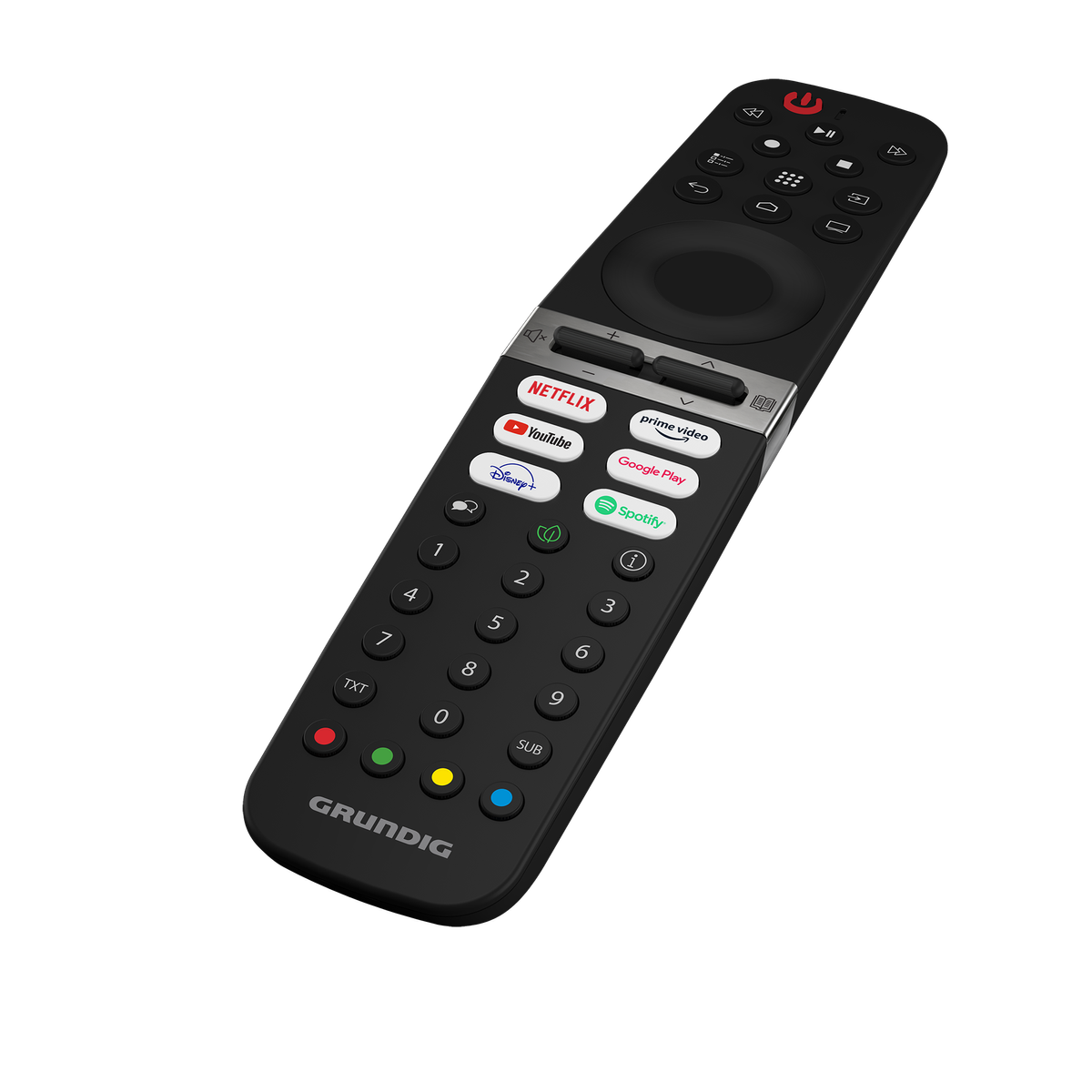 Mando a distancia de TV negro con botones de servicios de streaming y números. Marca Grundig.