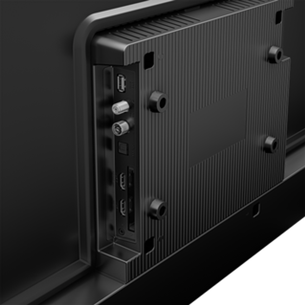 Primer plano de la parte trasera del TV con puertos: USB, coaxial, HDMI. Negro, diseño texturizado.