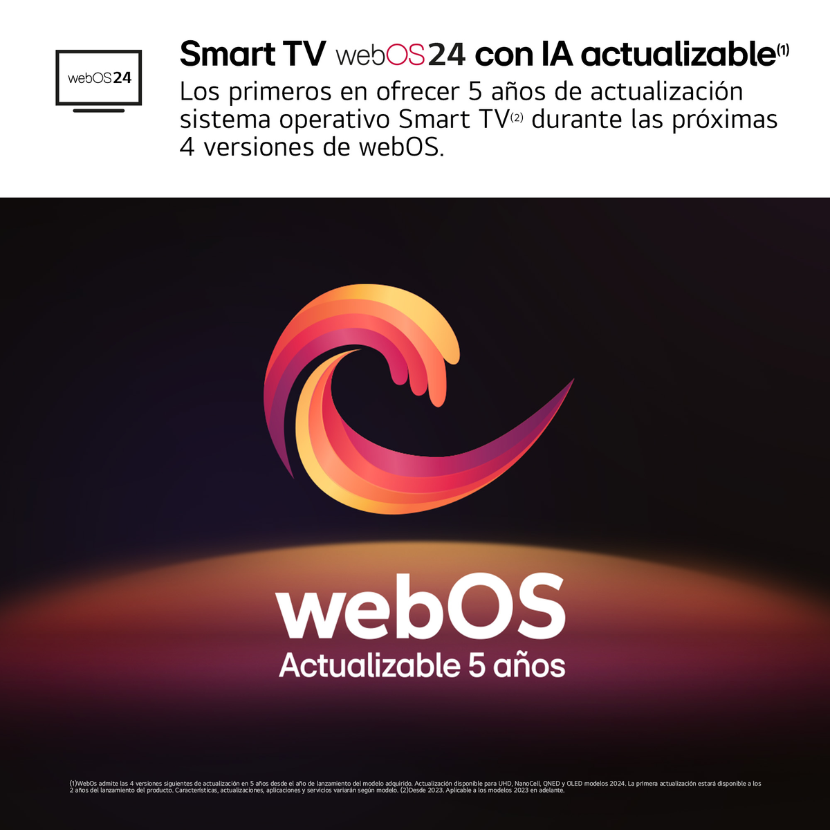 WebOS-logo met tekst: 'Smart TV webOS24 met IA actualizable'. Tekst legt updates uit.