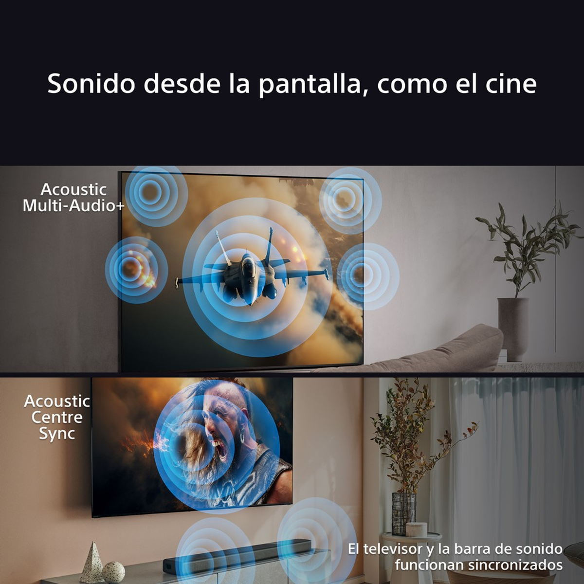 Due TV mostrano immagini; una mostra un aereo, l'altra un volto. Una soundbar è in basso.