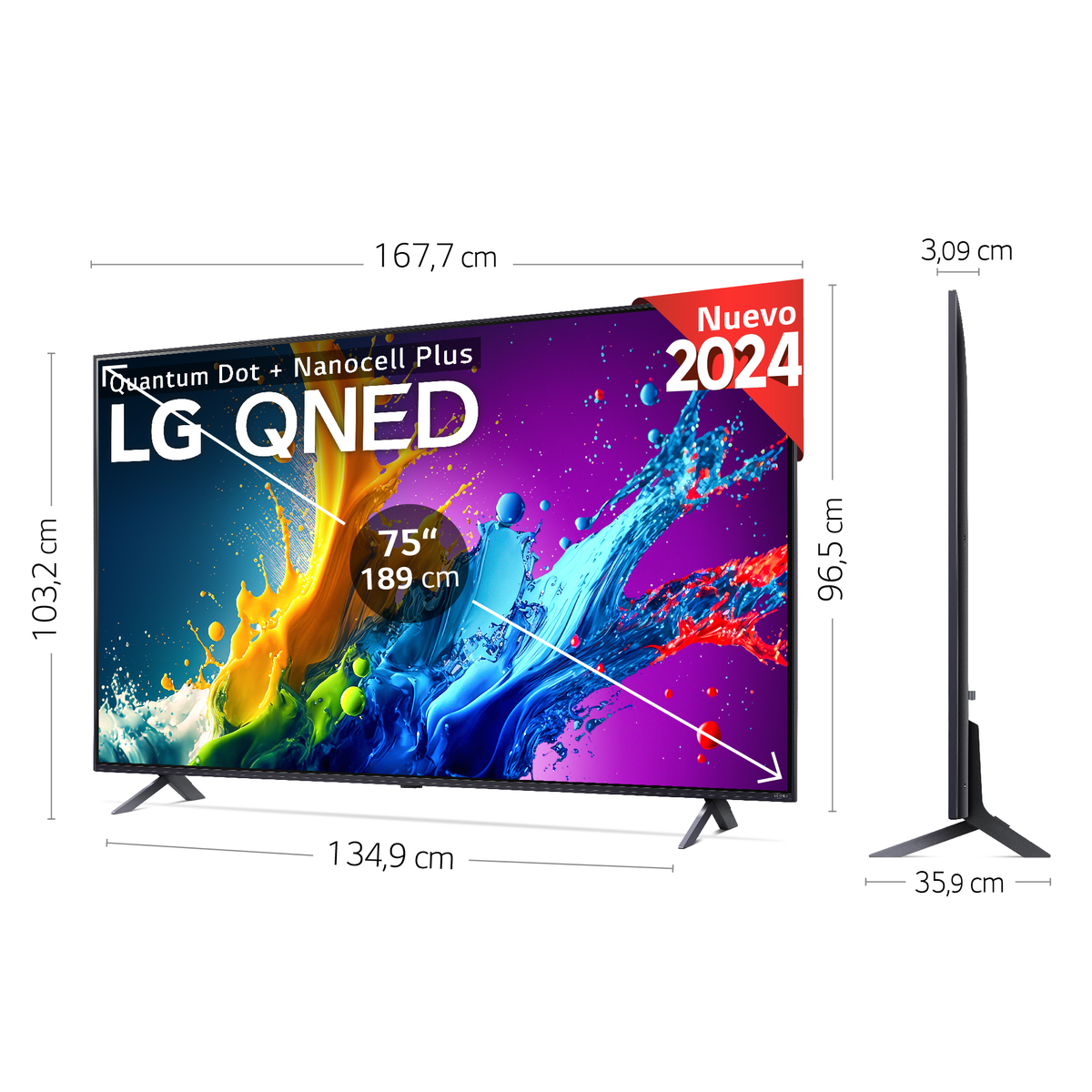 Ekran telewizora z wymiarami i pomiarami.