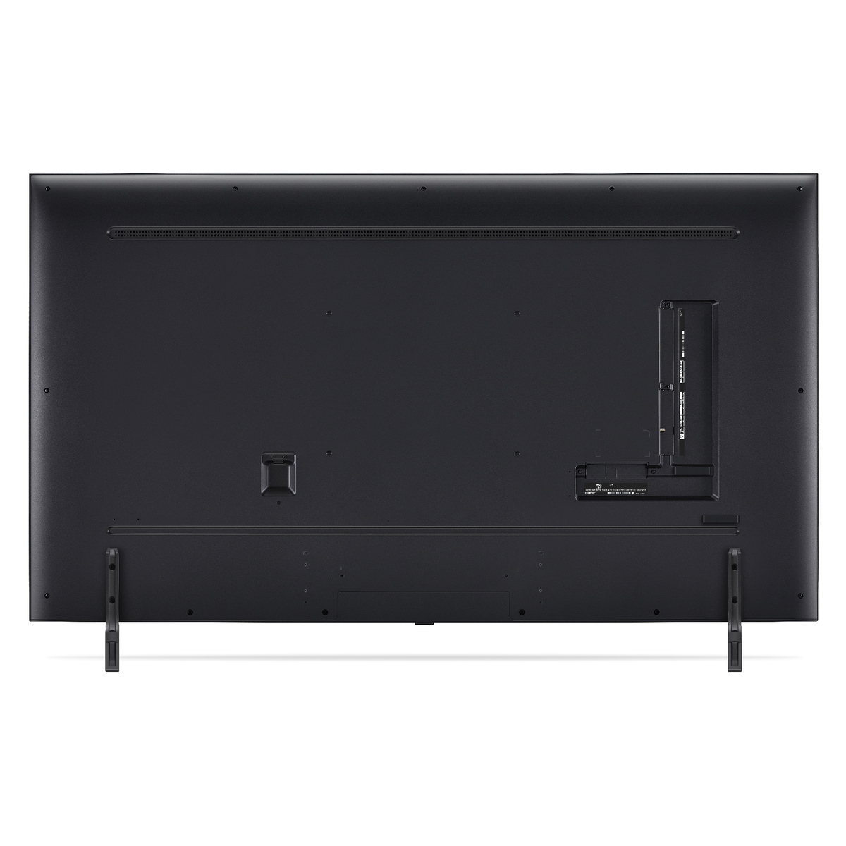 Tył czarnego telewizora LG z portami i podstawkami.