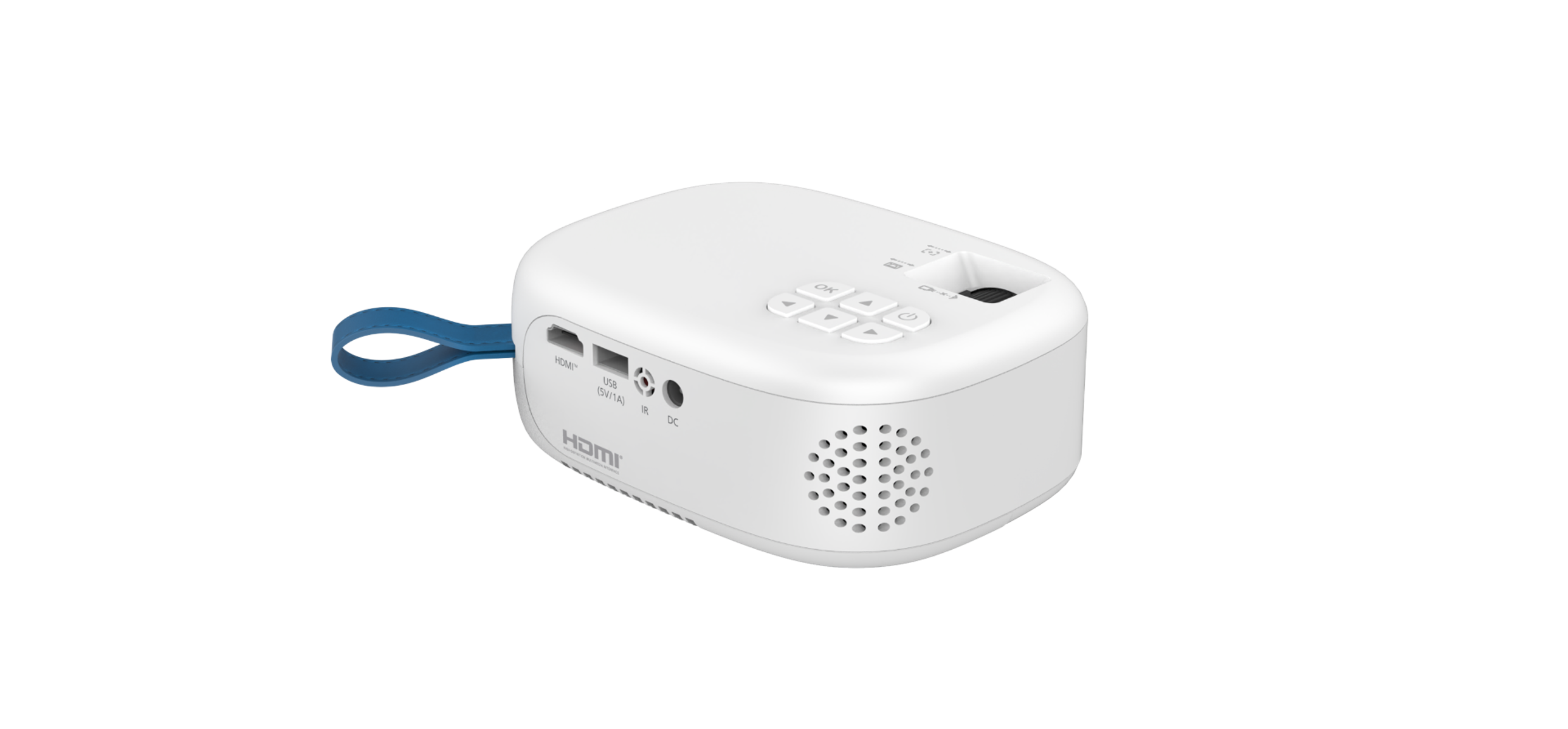 Biały projektor z przyciskami i portami, mały rozmiar, na czarnym tle.