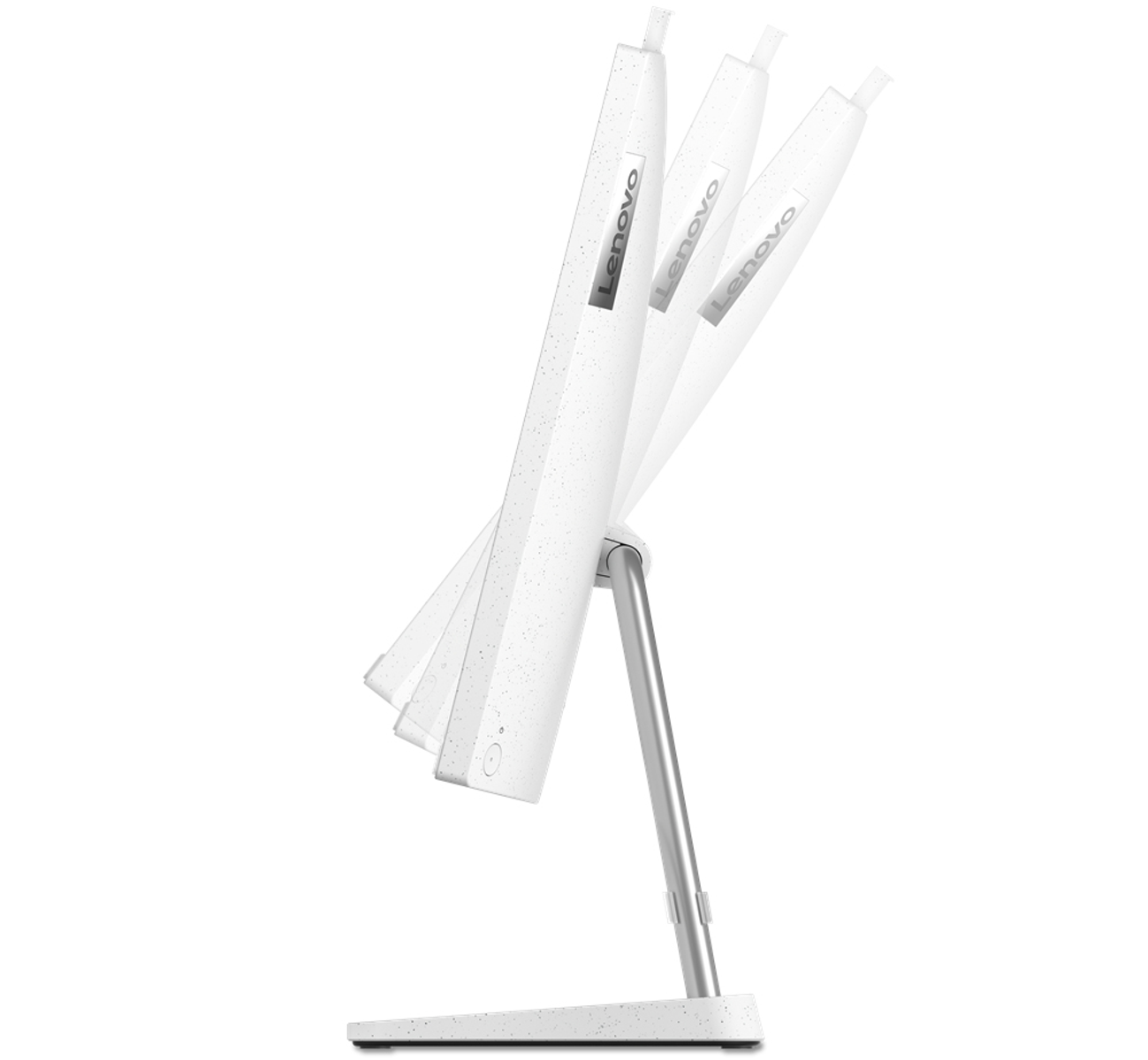 Pantalla de computadora blanca con soporte ajustable. Múltiples posiciones mostradas.