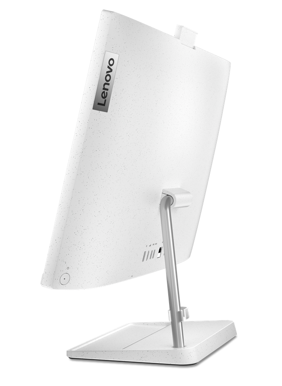 Vista trasera de un ordenador Lenovo todo en uno blanco. Sobre un fondo blanco liso.