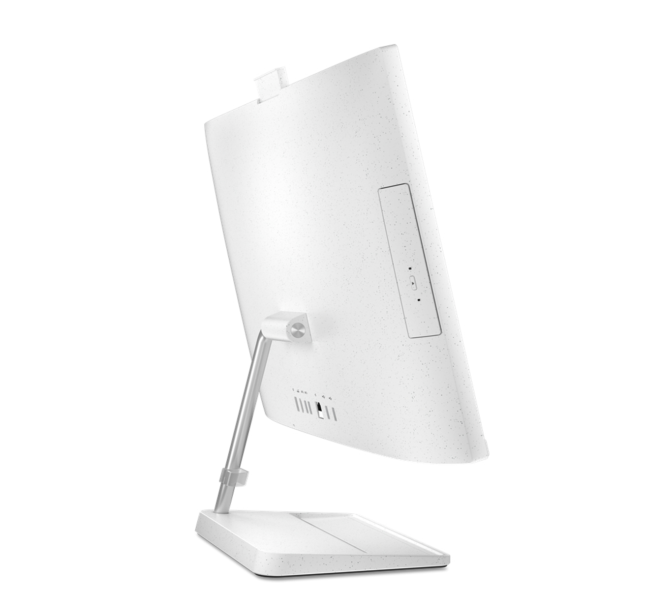 Monitor de ordenador blanco, visto de lado, con soporte. La parte trasera tiene un patrón punteado.