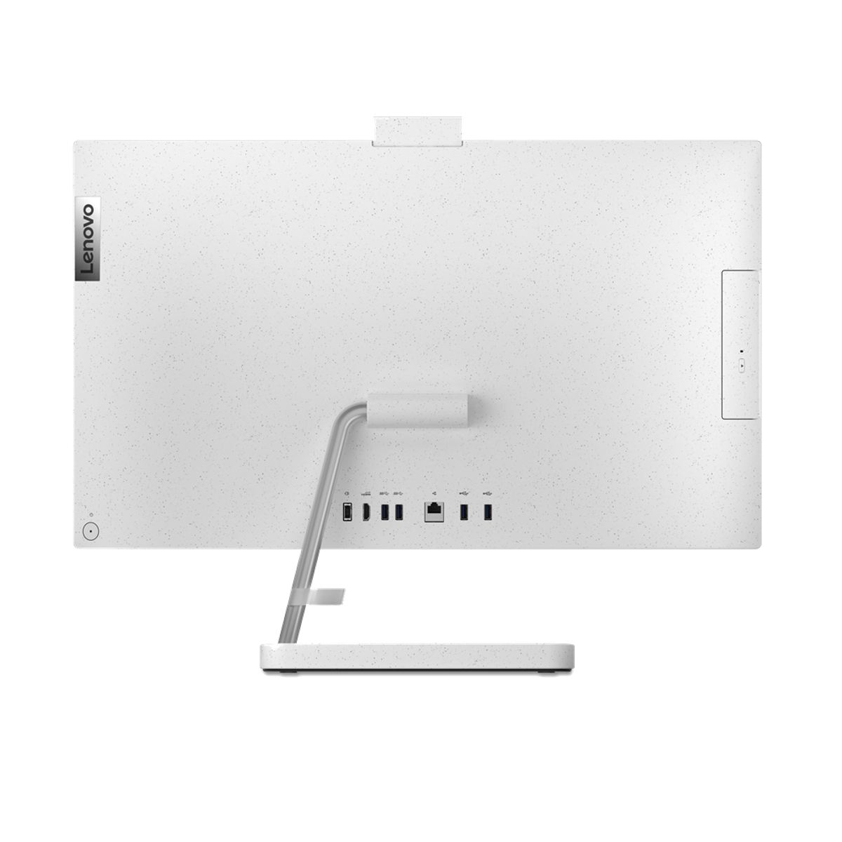 Parte trasera de una computadora Lenovo todo en uno blanca con varios puertos y soporte.