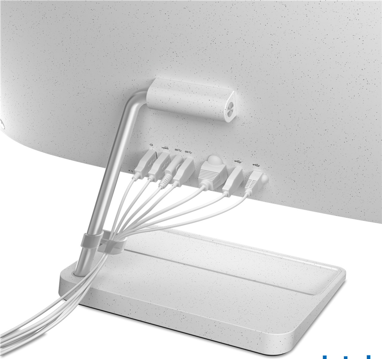 Soporte de monitor de computadora blanco con múltiples cables. Fondo blanco.