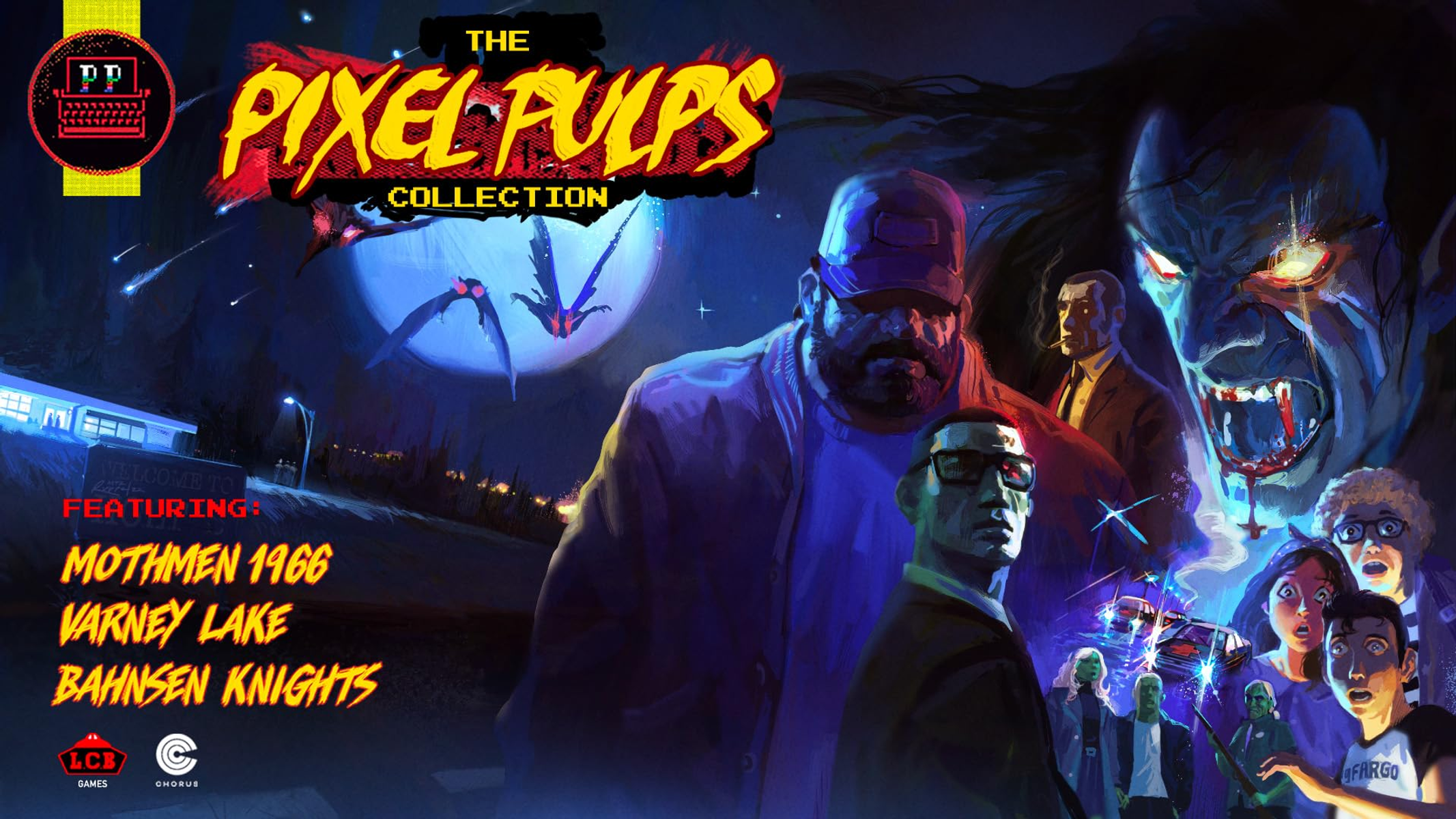 Poster für "The Pixel Pulps Collection". Enthält Charaktere und Text in einem Horror-Thema.