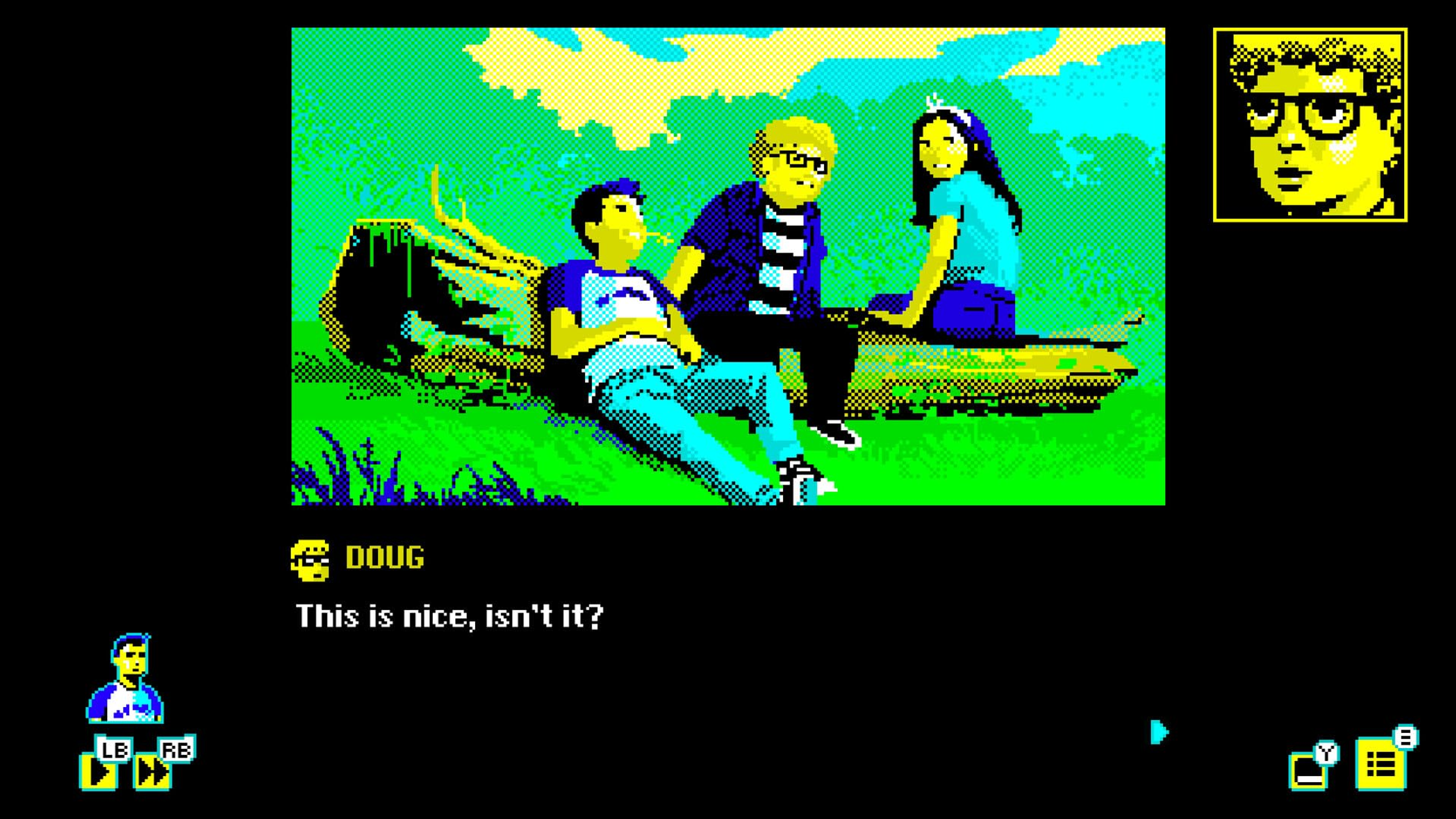 Eine verpixelte Szene aus einem Spiel mit Charakteren, die in einem Park sprechen.