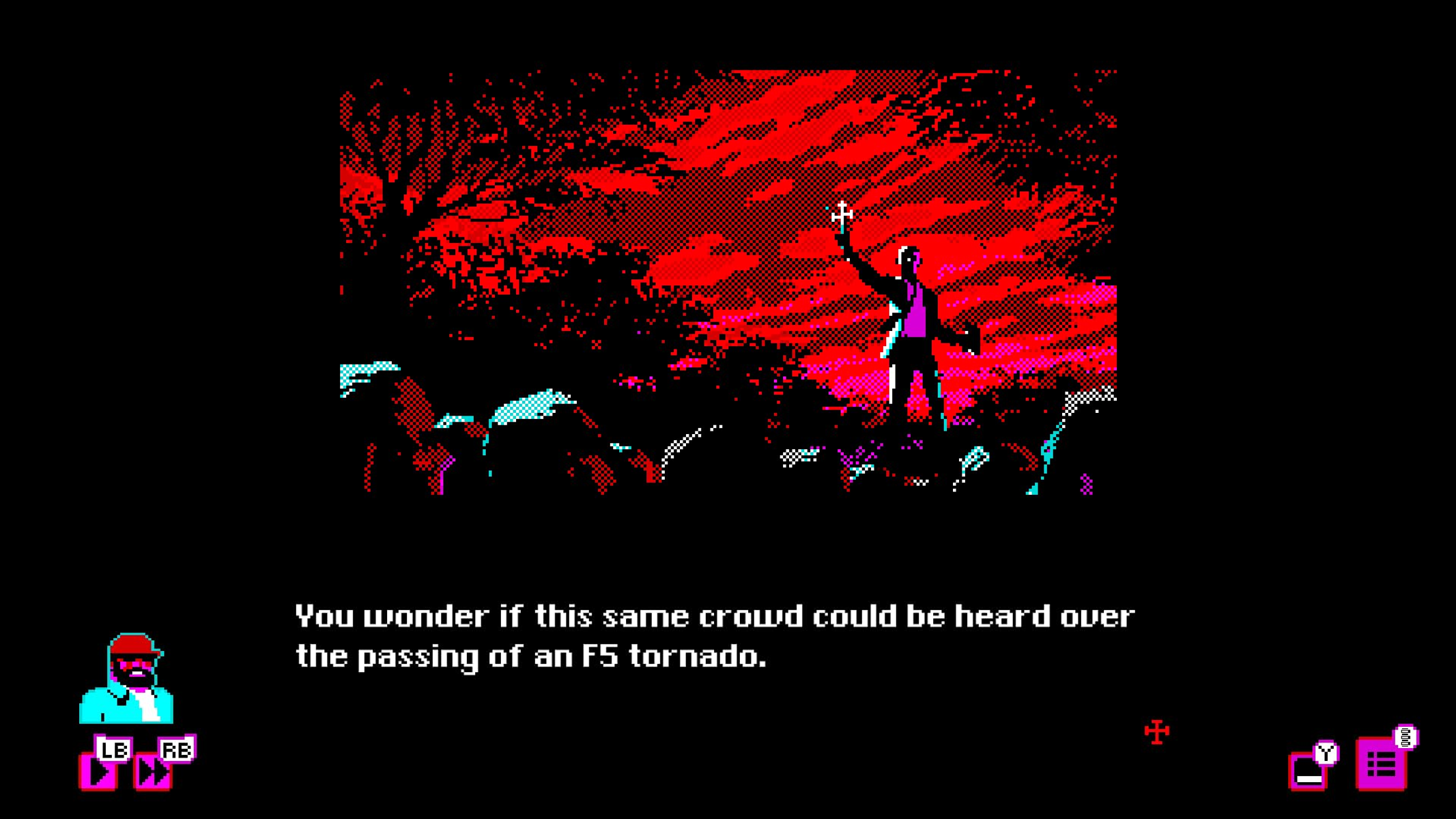 Eine verpixelte Spielszene mit einer Figur, die ein Kreuz hält, unter einem roten Himmel.