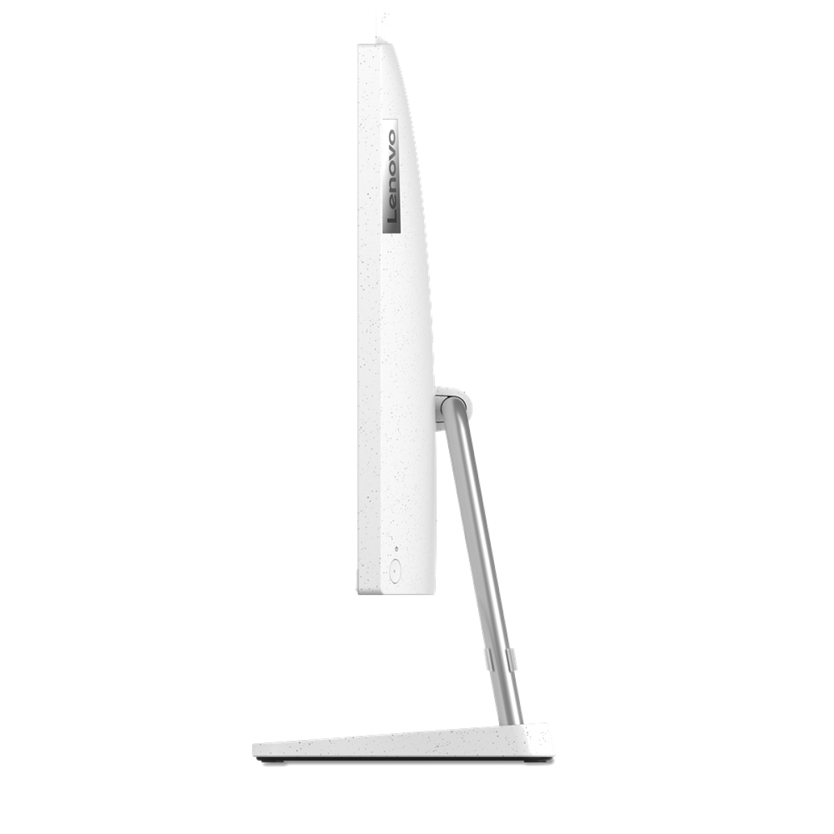 Vista lateral de un ordenador Lenovo blanco todo en uno con soporte metálico y logotipo.