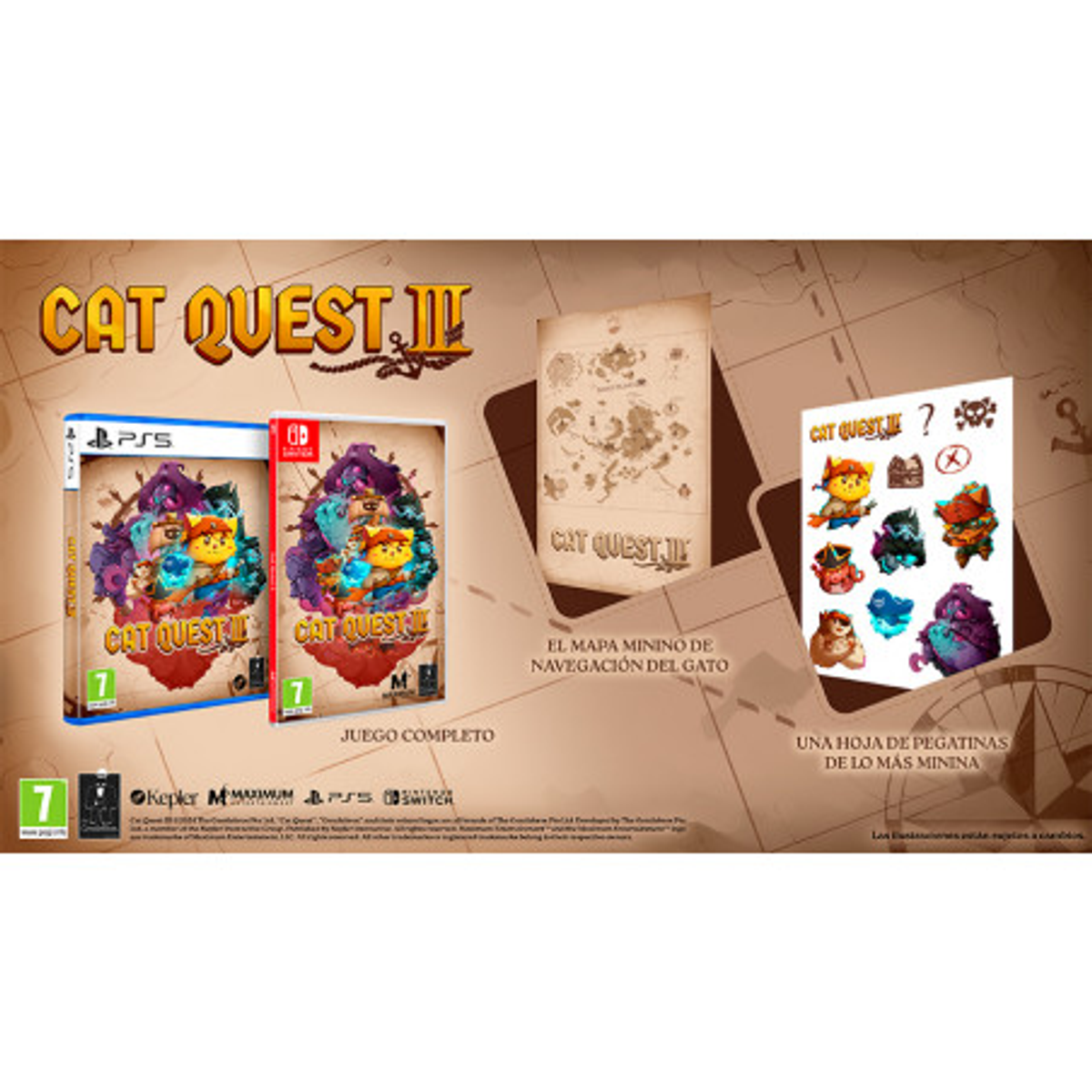 Pudełko gry Cat Quest III i dodatki. Dwa pudełka z grą, mapa i naklejki. Białe tło.
