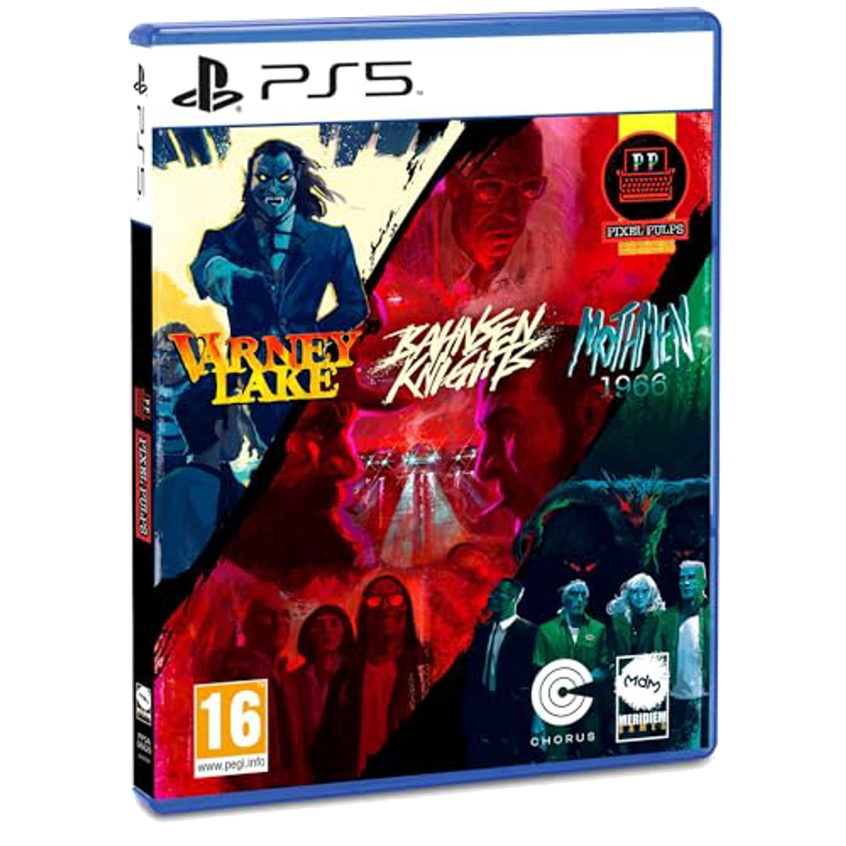 Caja de juego PS5. El juego es Varney Lake, Bahnsen Knights y Mothmen 1966. Tema oscuro.