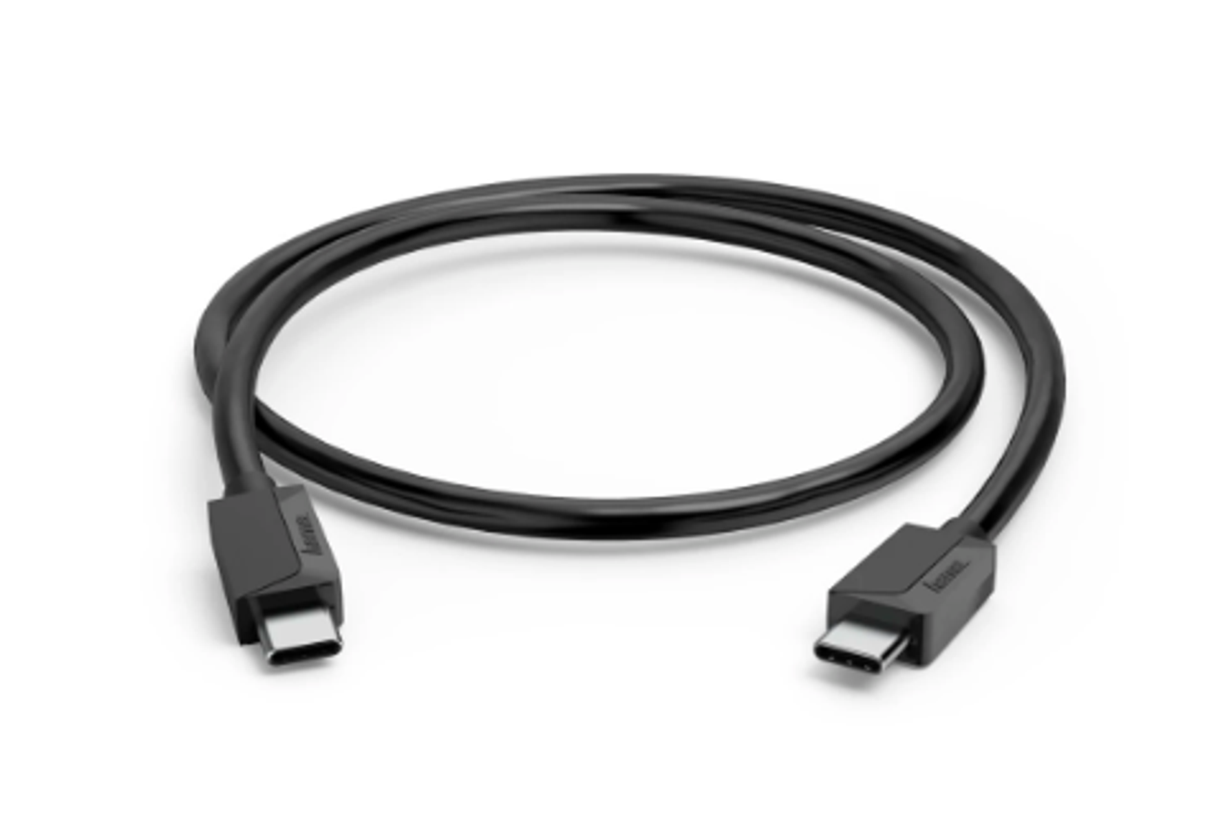 Czarny kabel USB-C, złącza na obu końcach, na białym tle.