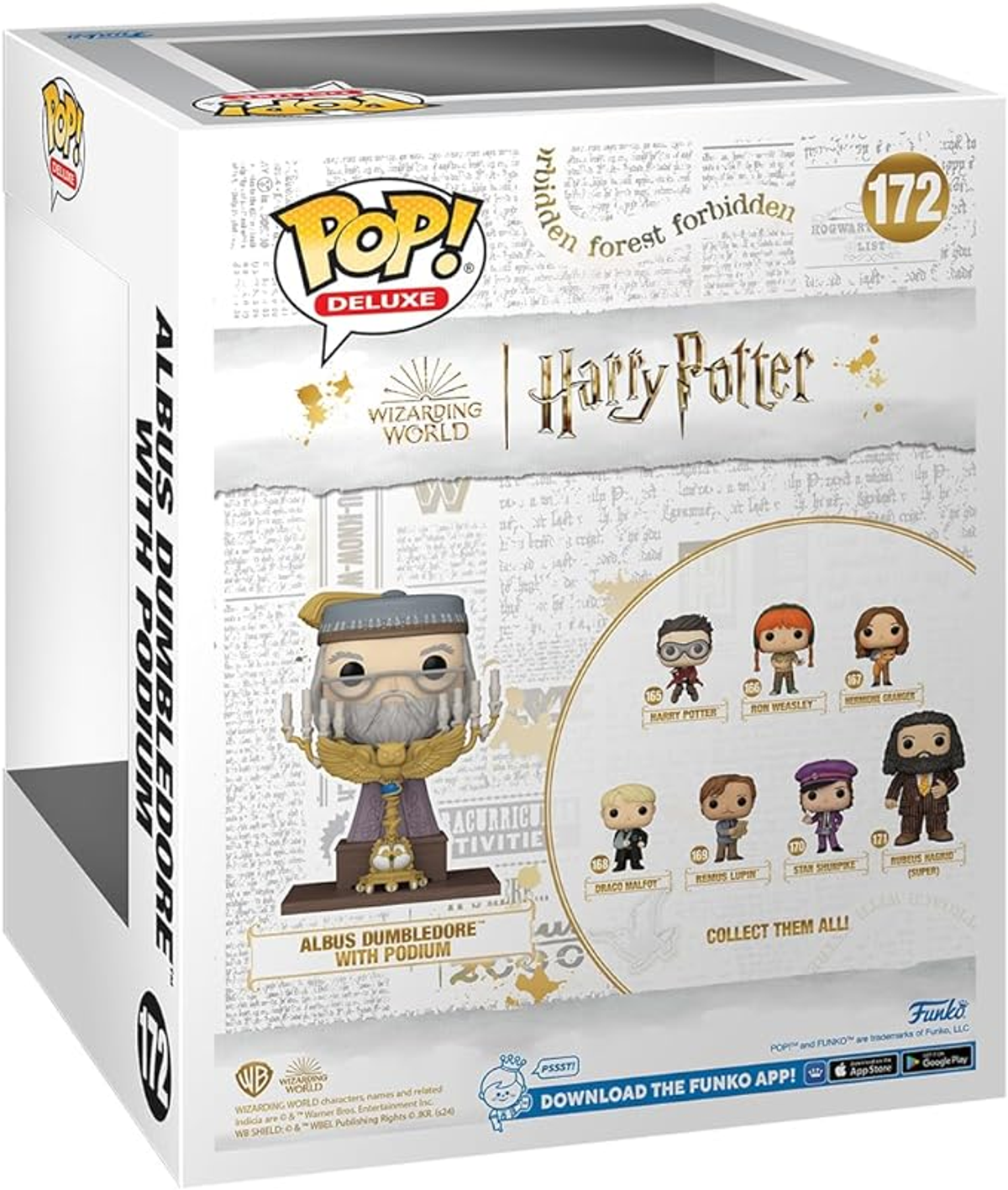 Parte trasera de una caja Funko Pop de Albus Dumbledore con podio. Muestra imágenes de otros personajes.