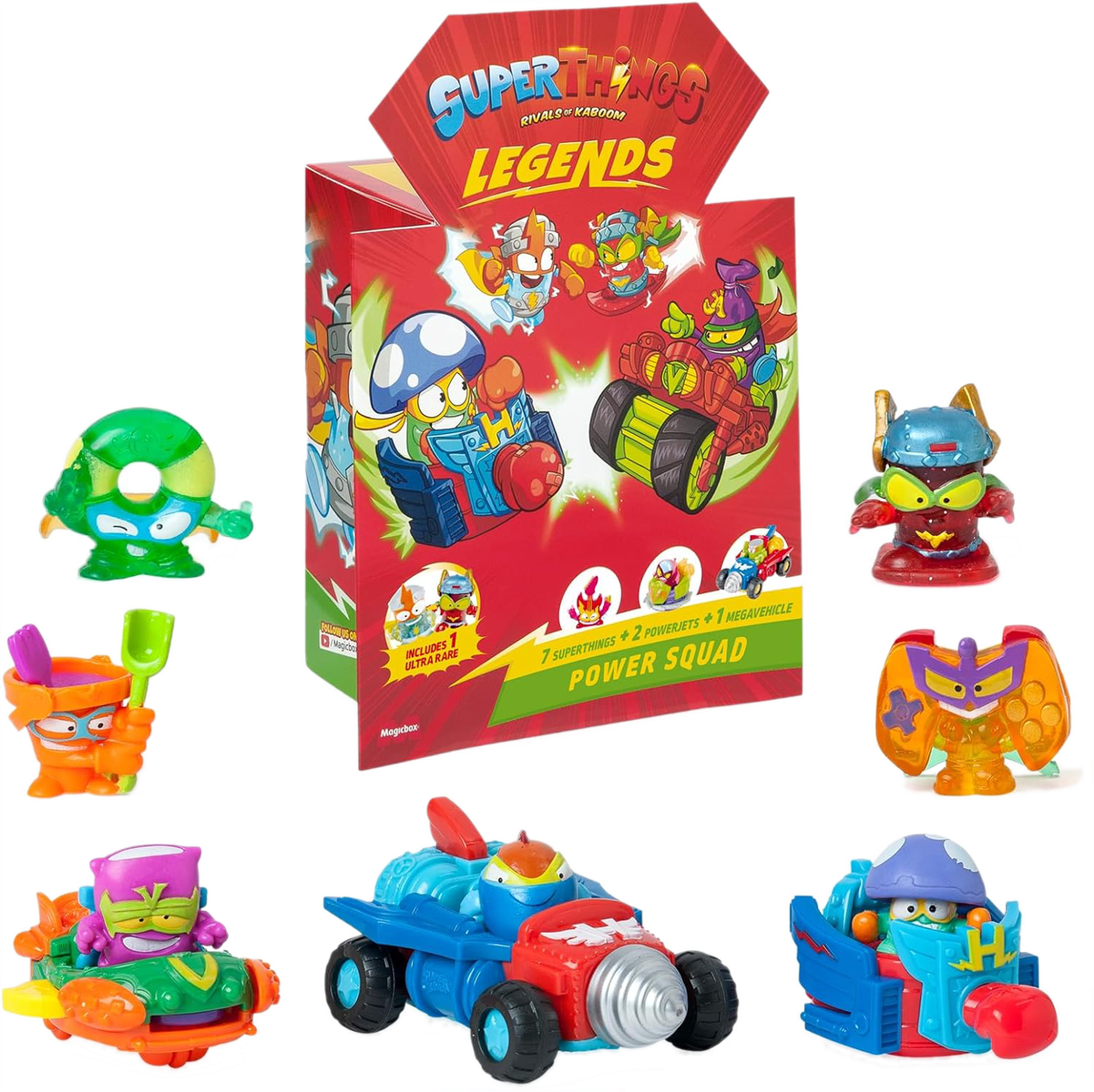Set de caja SuperThings Power Squad, con figuras y vehículos de juguete. Caja roja y blanca.