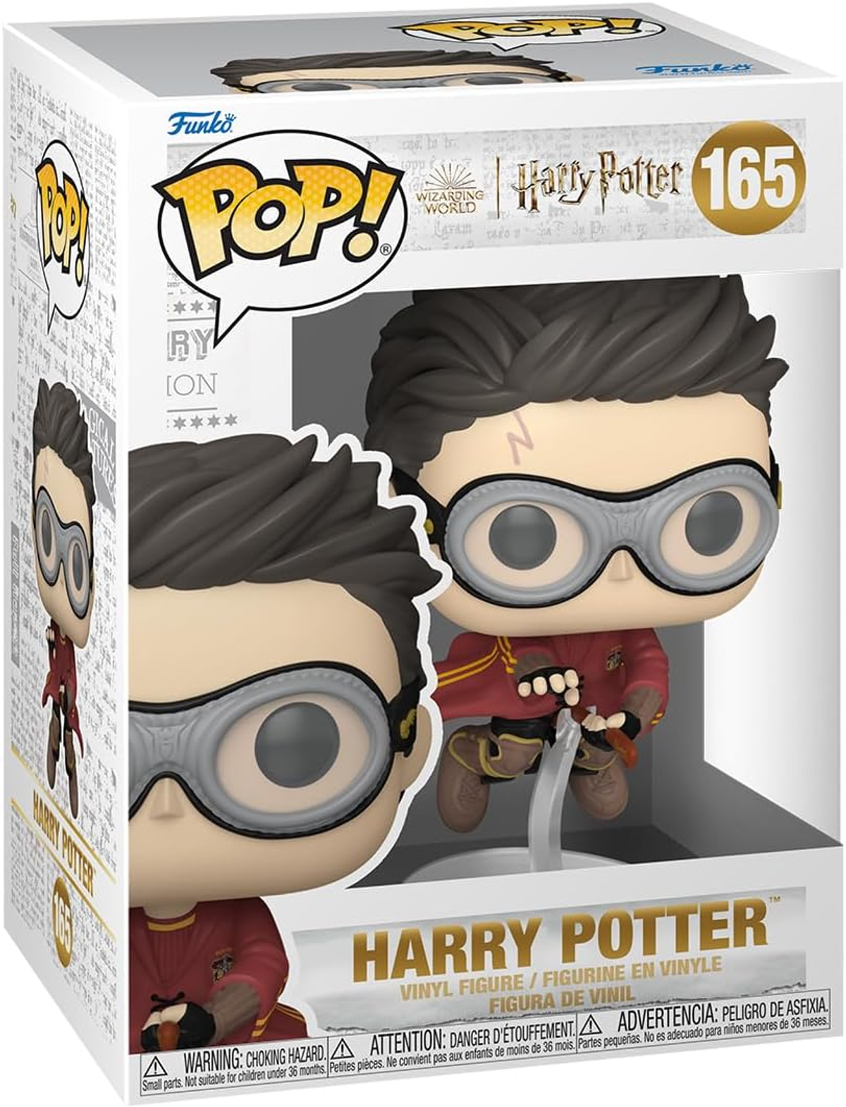 Una figura Funko Pop di Harry Potter, in una scatola. Harry indossa occhiali e una divisa rossa.