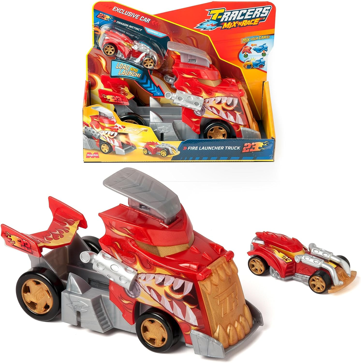 Un juego de coches de juguete con un camión lanzallamas rojo y un coche de carreras rojo más pequeño, en una caja colorida.