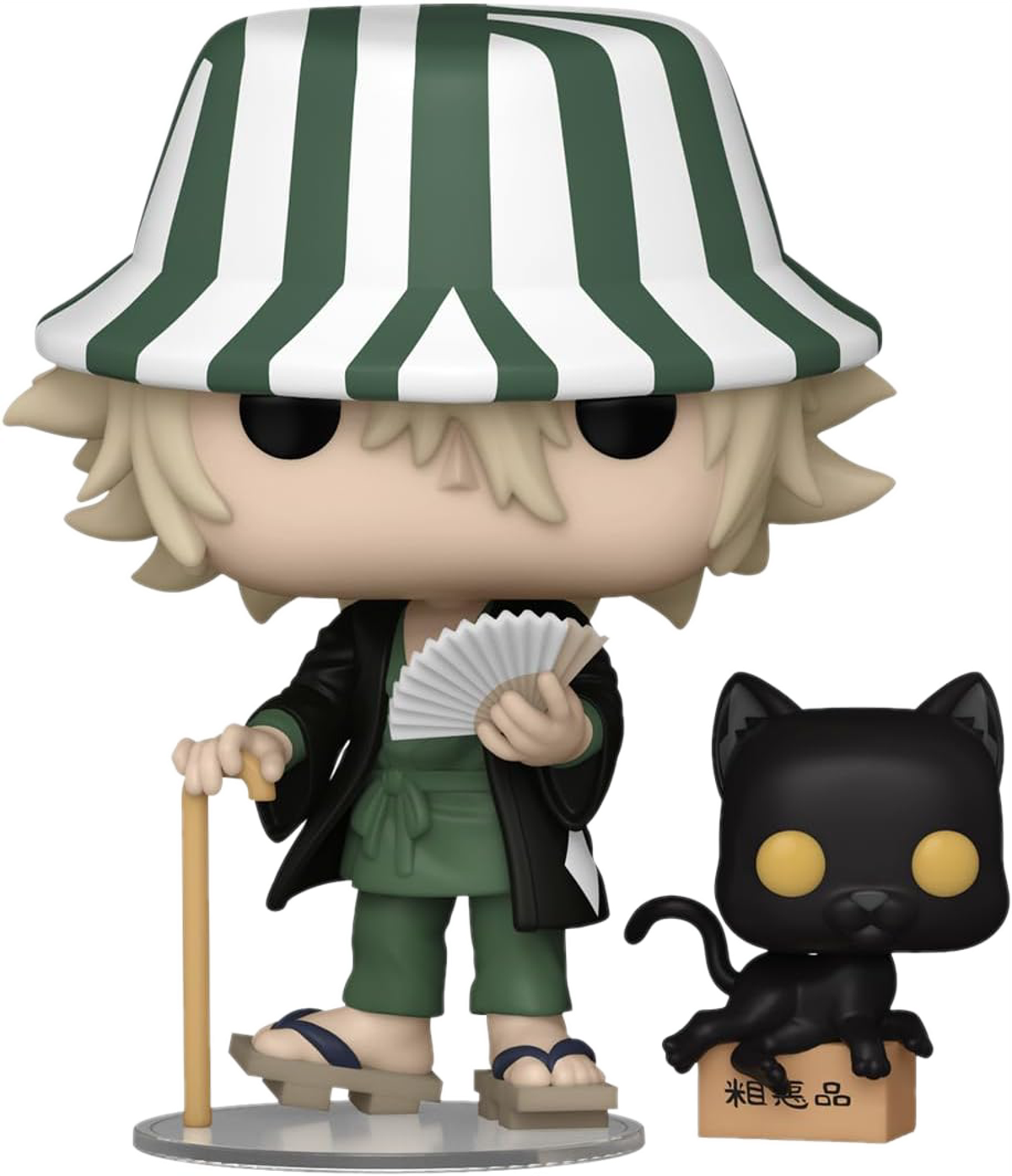 Figura uomo con cappello e ventaglio, con statuetta di gatto nero.