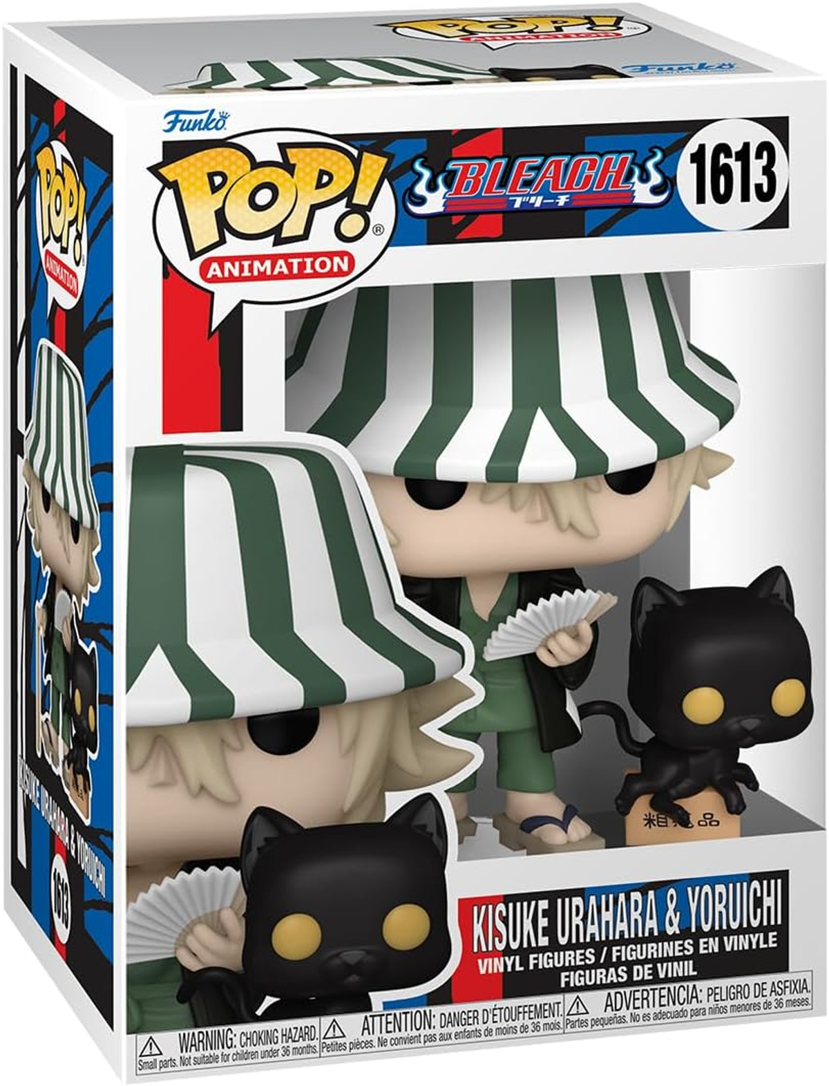 Figura Funko Pop di Kisuke Urahara e Yoruichi dall'anime Bleach, in una scatola.