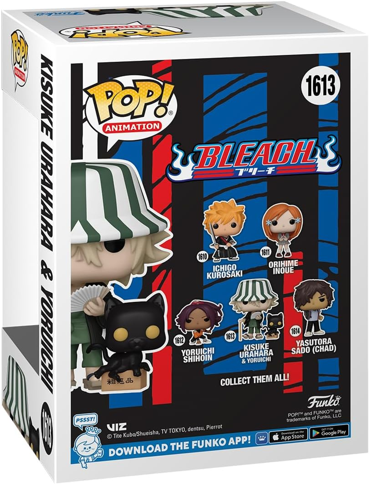 Scatola Funko Pop con figurine di Kisuke Urahara e Yoruichi. I personaggi sono mostrati.