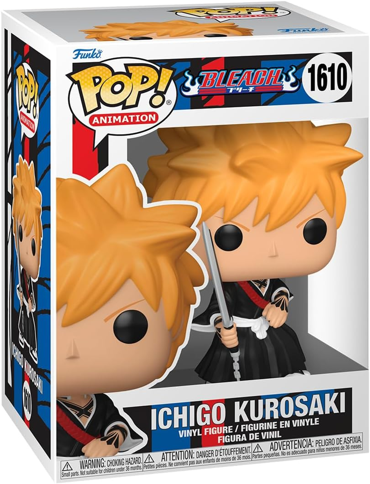Figura Funko Pop di Ichigo Kurosaki dall'anime Bleach, in una scatola con sfondo bianco.