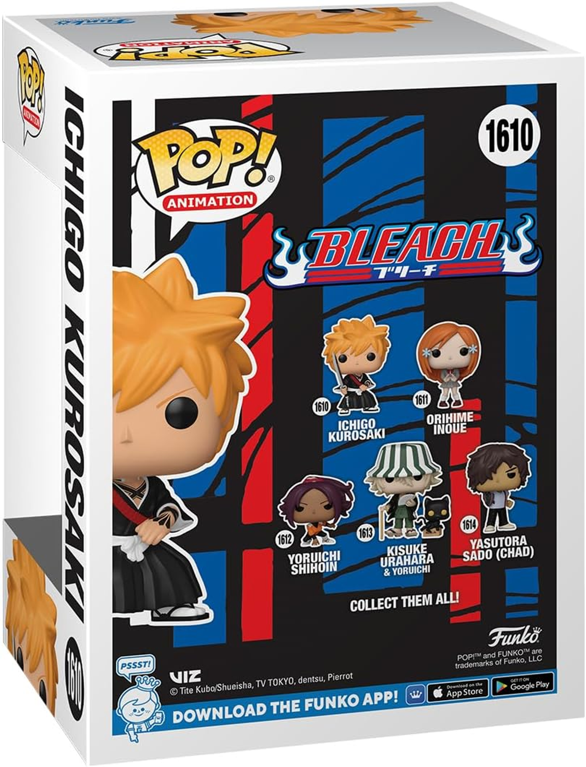 Scatola della figura Funko Pop di Ichigo Kurosaki, con immagini e dettagli del personaggio.